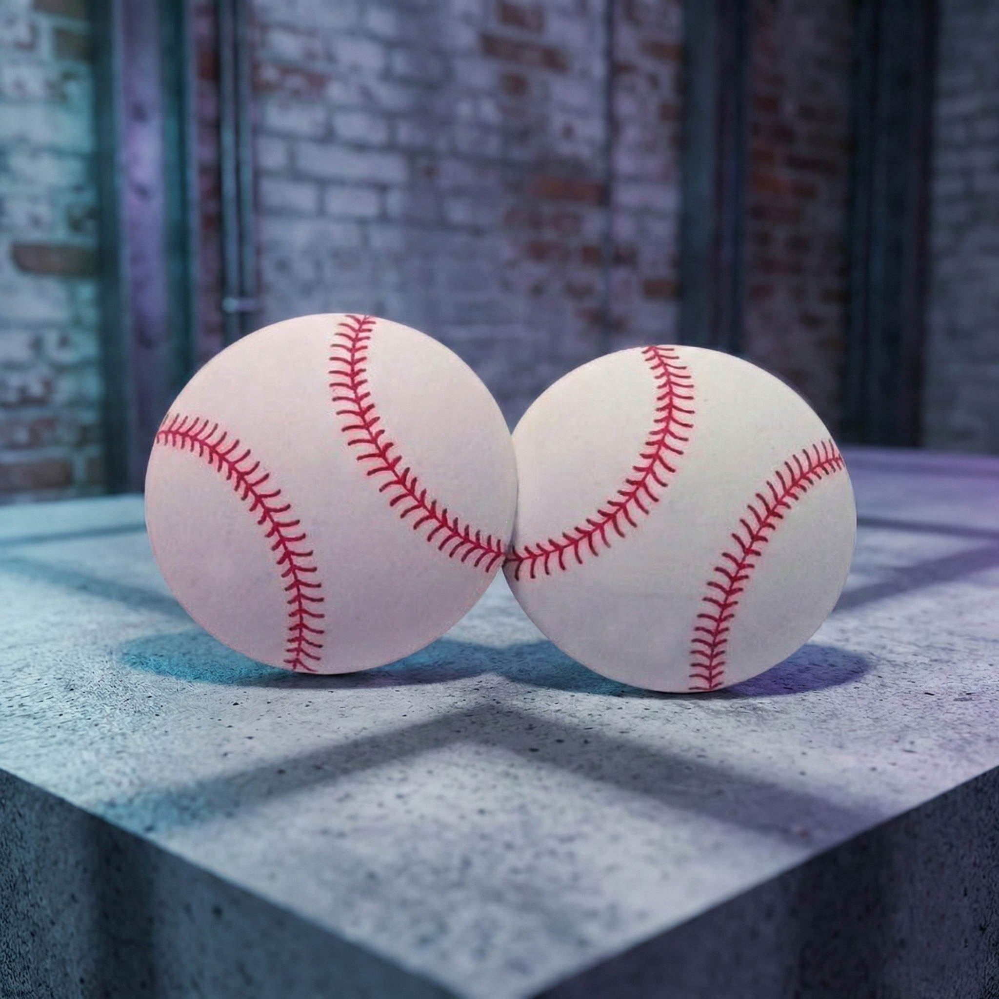 Two white baseball post earrings with red stitching on a concrete surface with a brick wall background