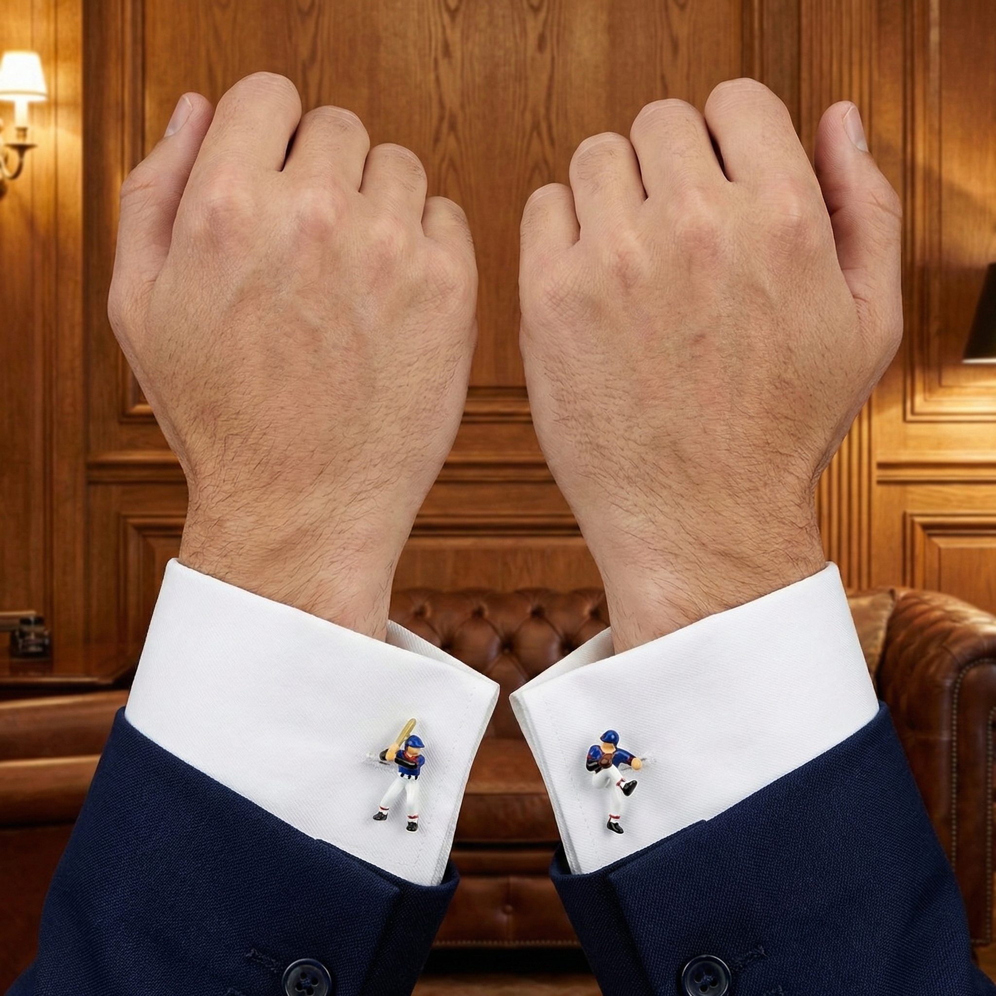 Pair of Baseball Player Cufflinks on two cuffs in a blue suit.