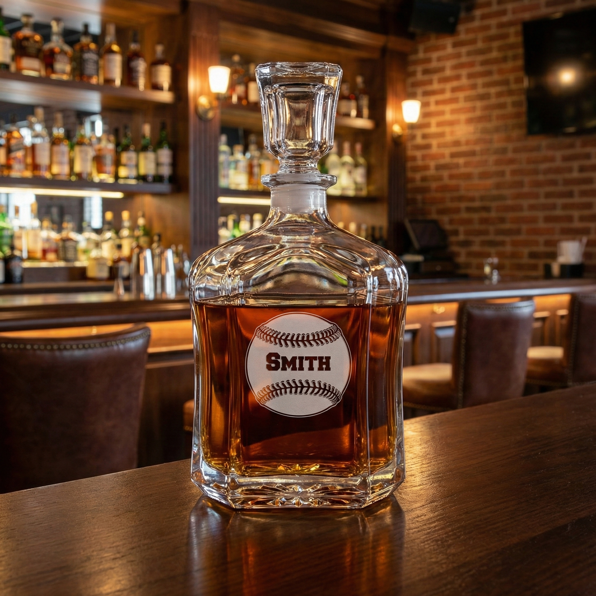 Crystal glass whiskey decanter with custom baseball engraved with Smith inside the baseball on a bar counter