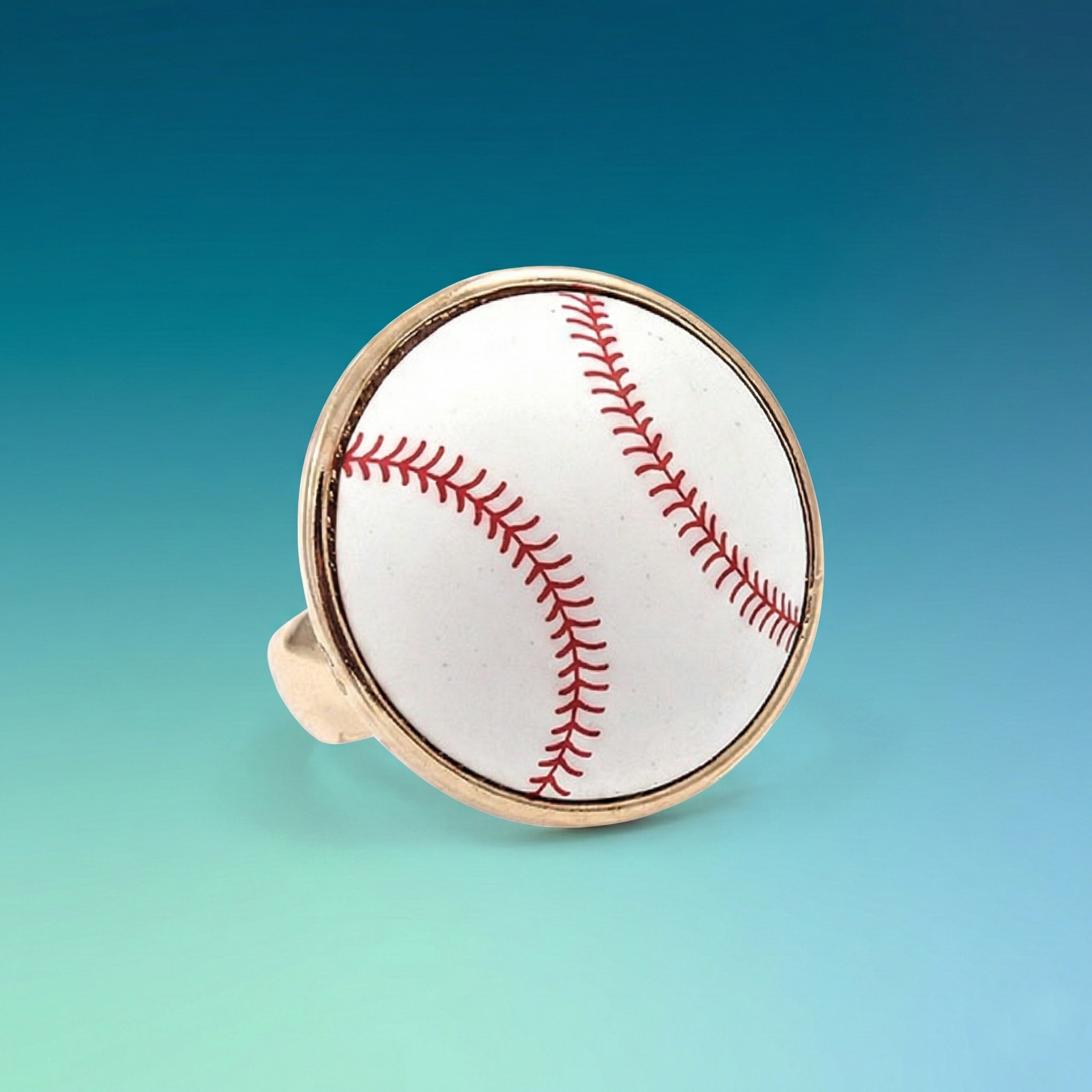 Baseball-themed ring with red stitching on a gradient blue background