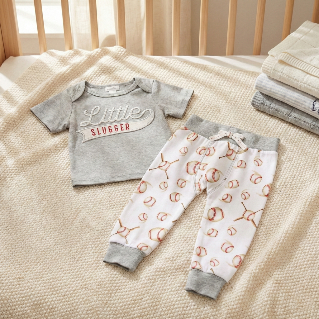 Mud Pie Little Slugger pajama set in a crib