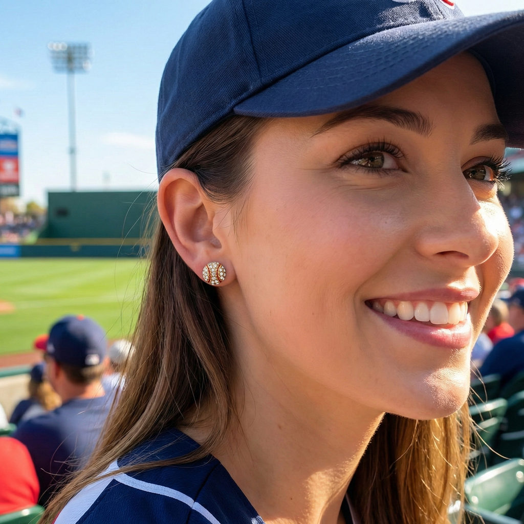 Woman wearing a navy blue cap and mini baseball stud earrings smiling at a baseball game