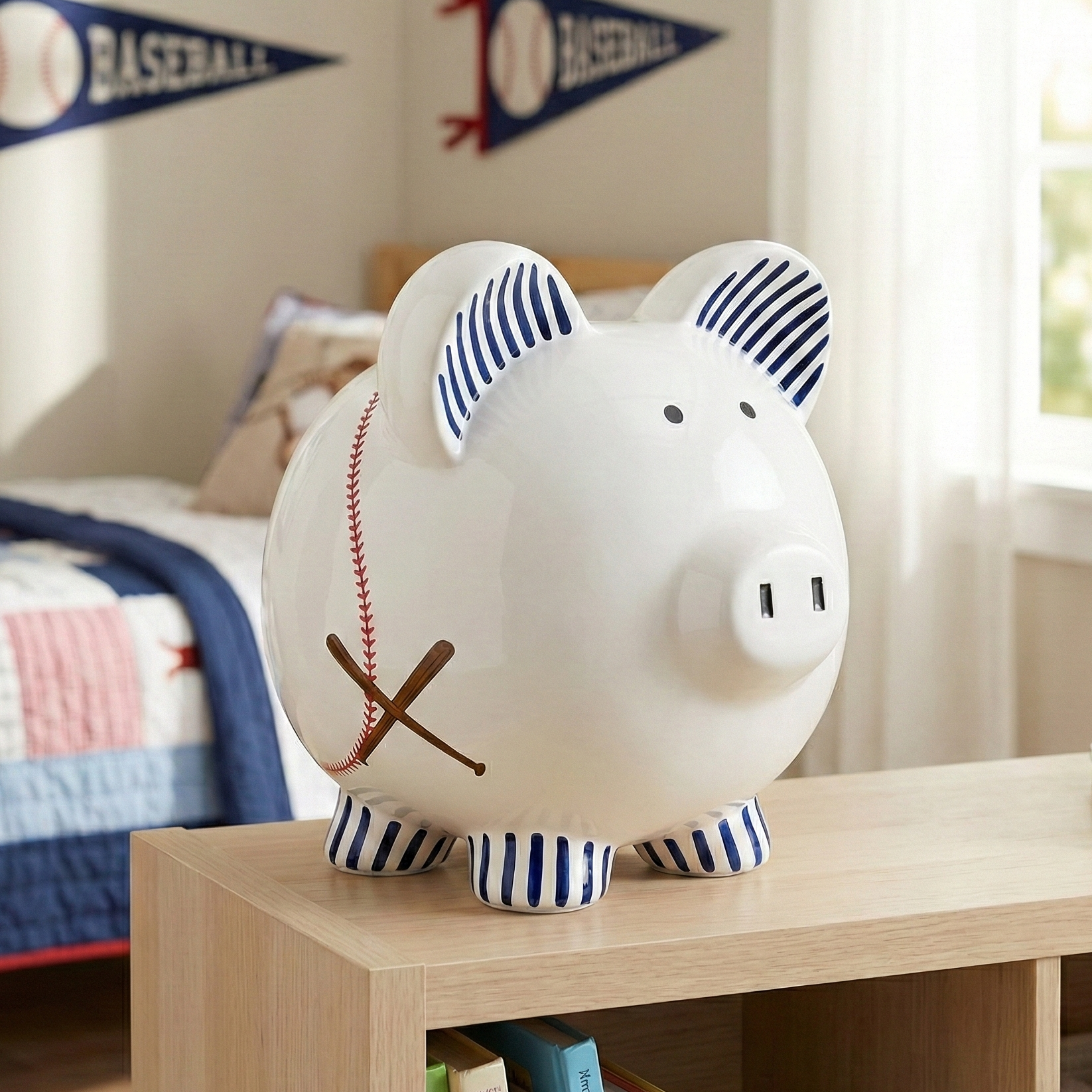 Large Baseball Piggy Bank in a kids baseball room. 