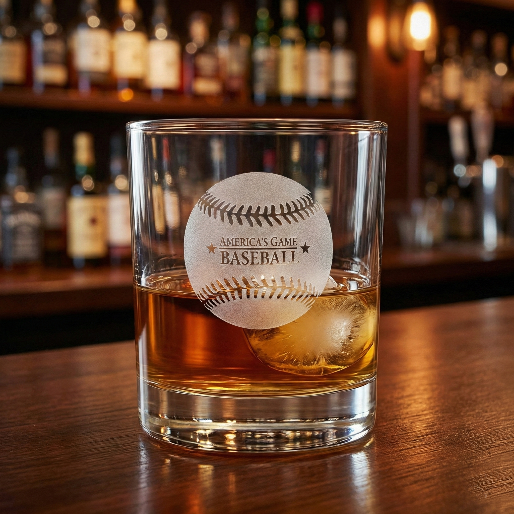 Glass of whiskey with an engraved baseball labeled 'Baseball: America's Game', on a bar with bottles in the background.