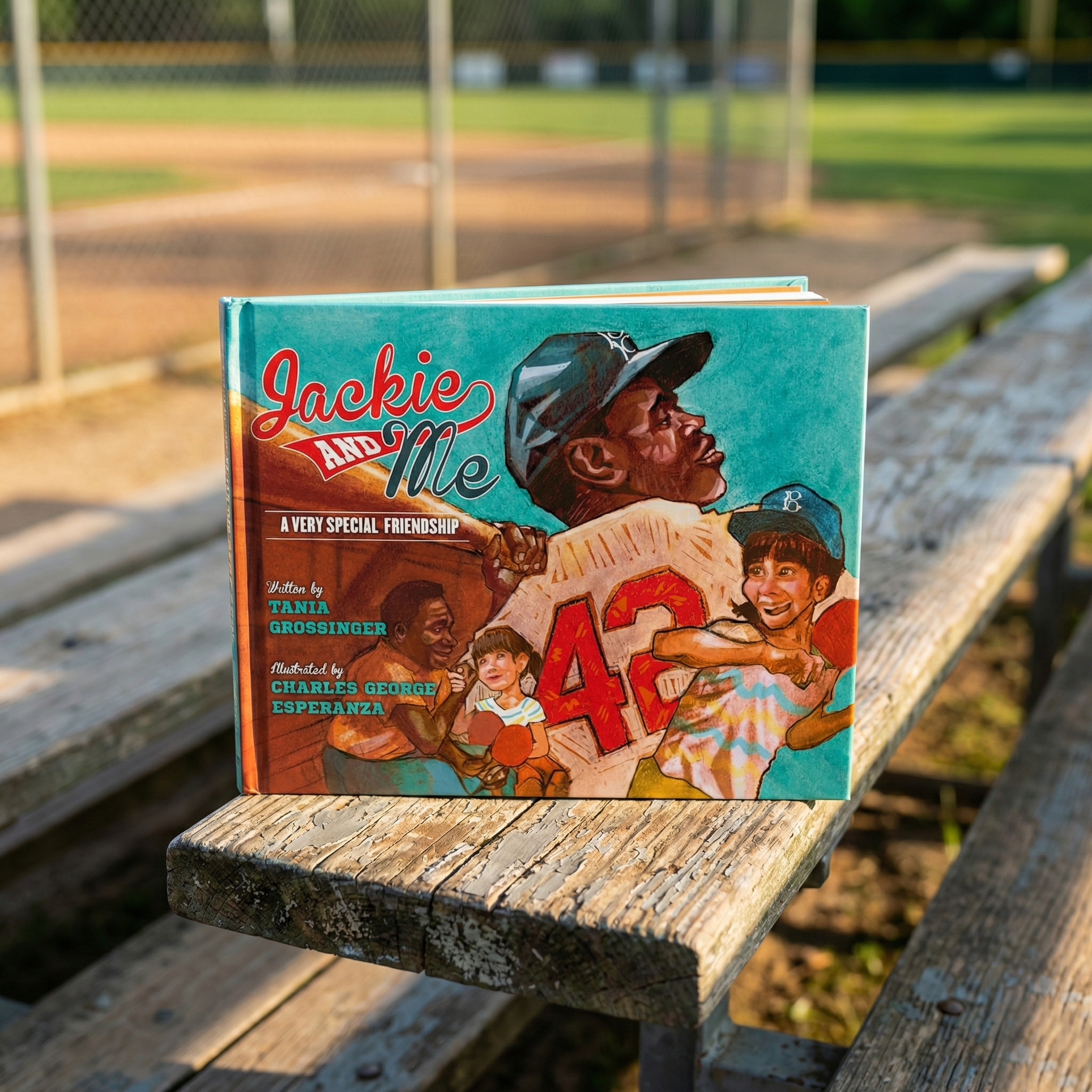 Jackie and Me baseball book on the wooden bleachers at the ballpark