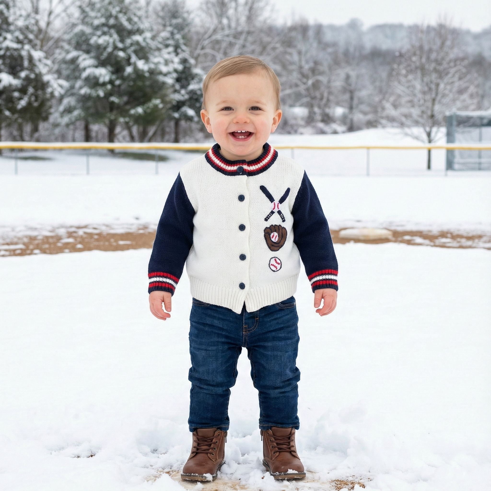 Child wearing a baseball patterned sweater and jeans standing in the snow.