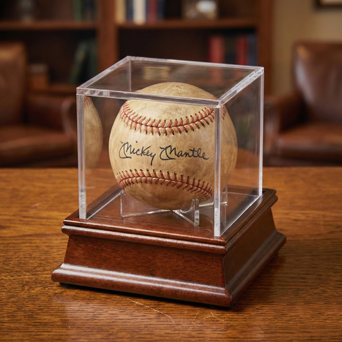 Signed baseball in a clear display case on a walnut wooden base, with a blurred background of books and furniture.