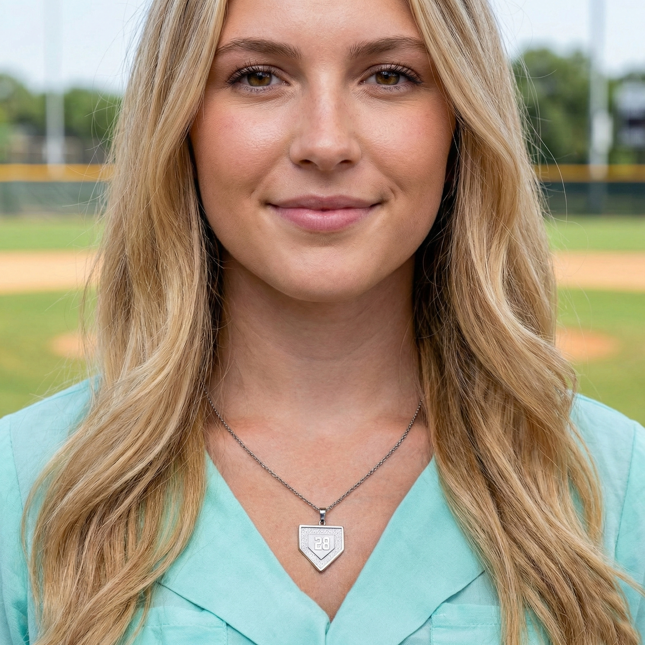 Woman wearing a necklace with a home plate baseball number pendant on a baseball field