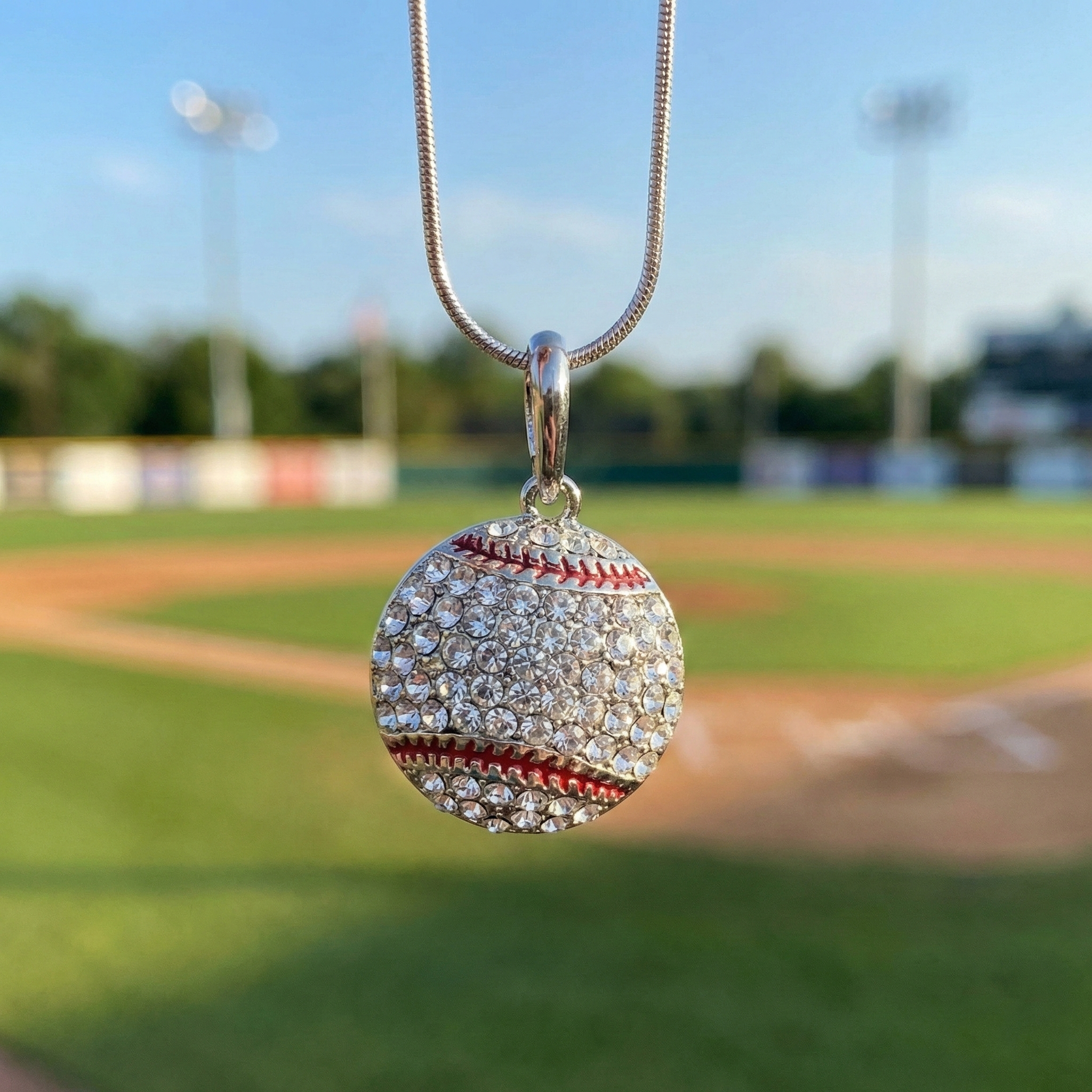Baseball-shaped pendant with crystals on a silver chain against a baseball field background