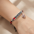 Bracelet with I LOVE BASEBALL on a wrist against a neutral background