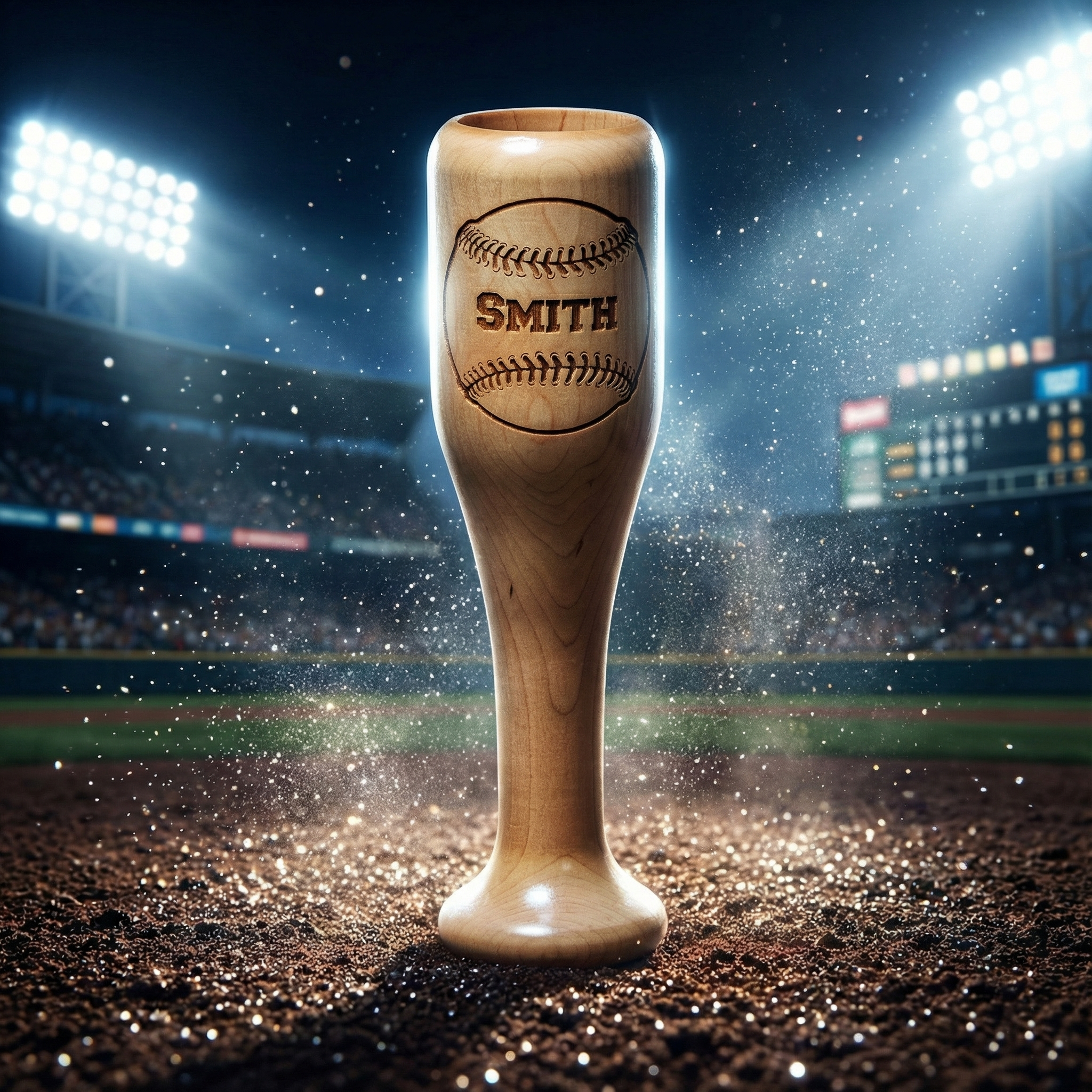 Personalized Baseball Bat Wine Glass Mug with SMITH BASEBALL engraving on a baseball field at night.