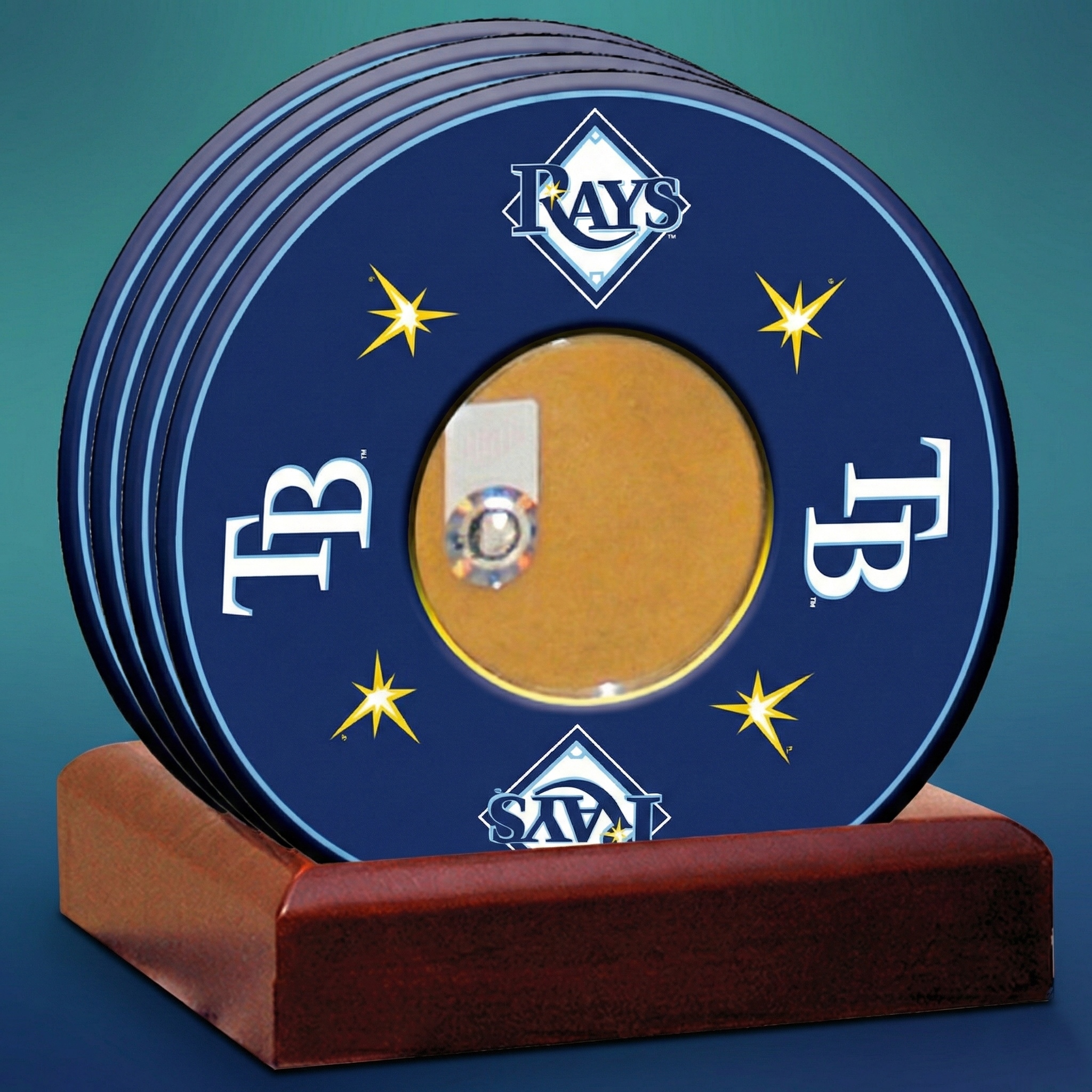 Set of Tampa Bay Rays coasters with game used dirt featuring a baseball base.