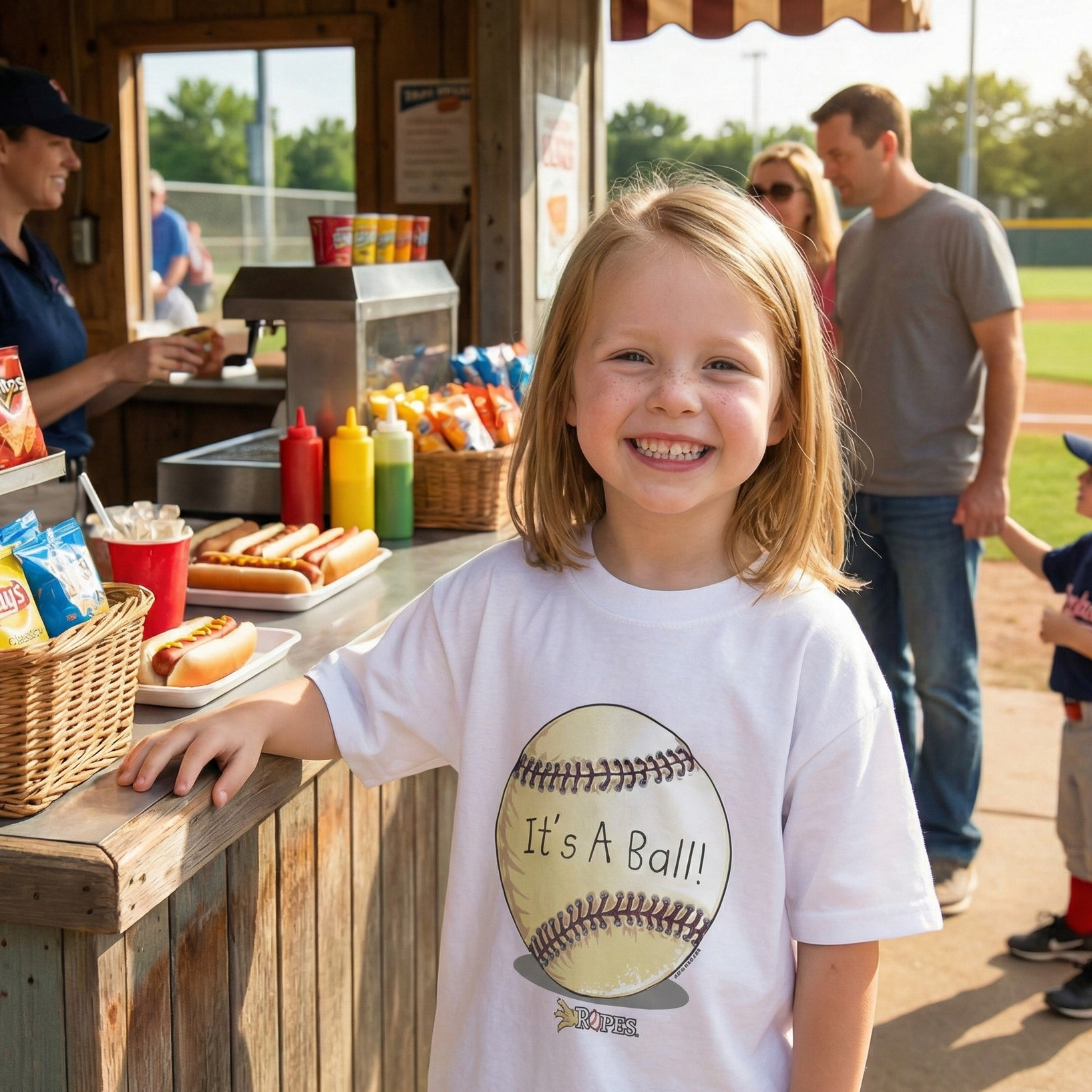 Young girl at a baseball game wearing a t-shirt with 'It's A Ball!' design, standing in front of a concession stand.
