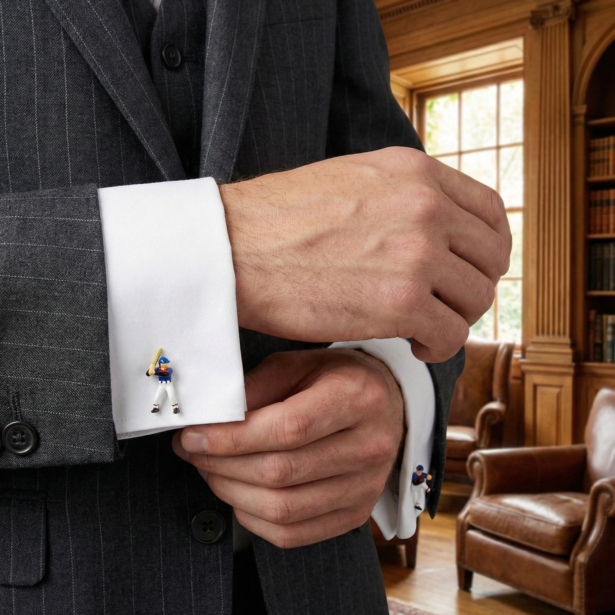Baseball Player Cufflinks on a guy in a suit in a nice office.