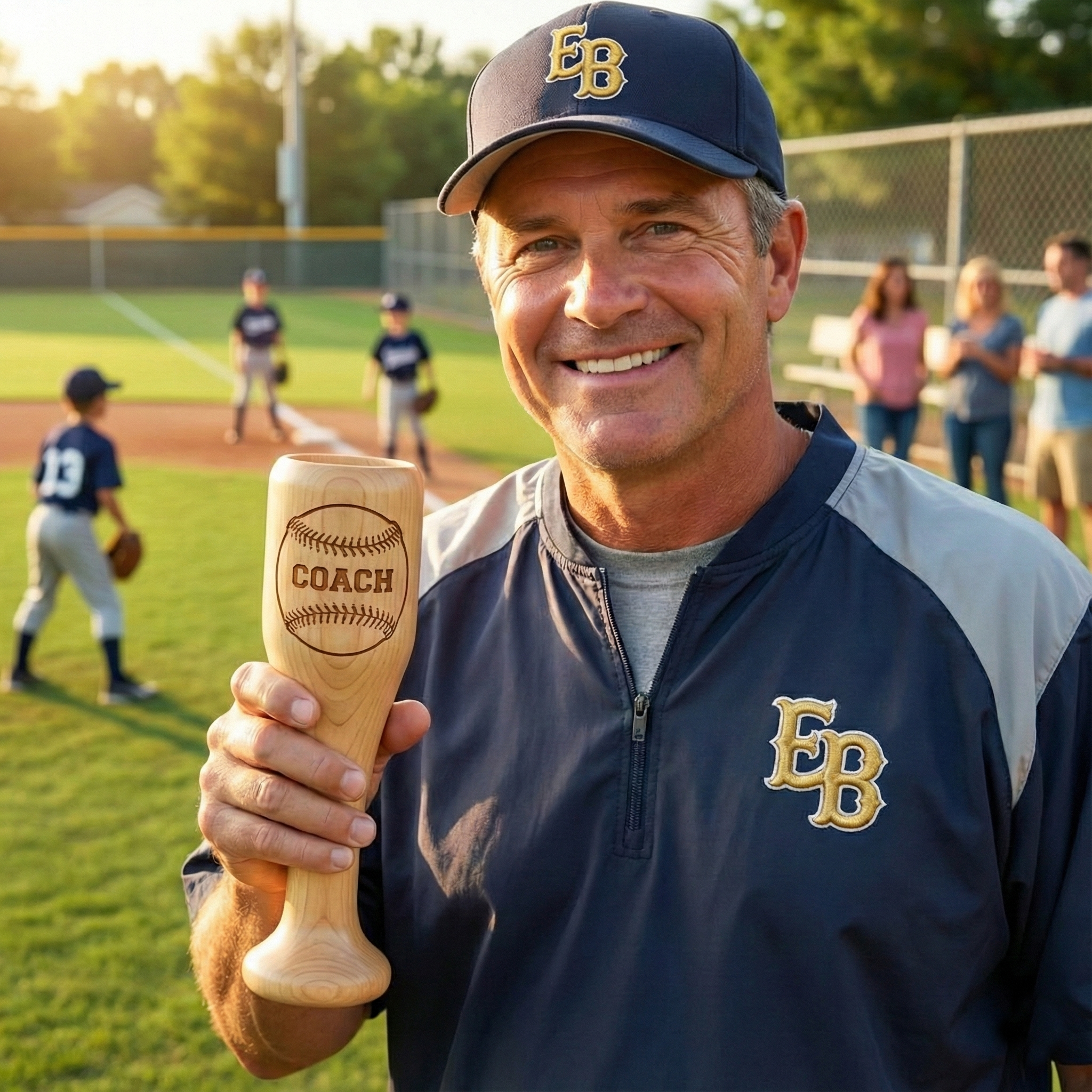 Man holding a Personalized Baseball Bat Wine Mug with 'COACH' engraved on it, standing on a baseball field.