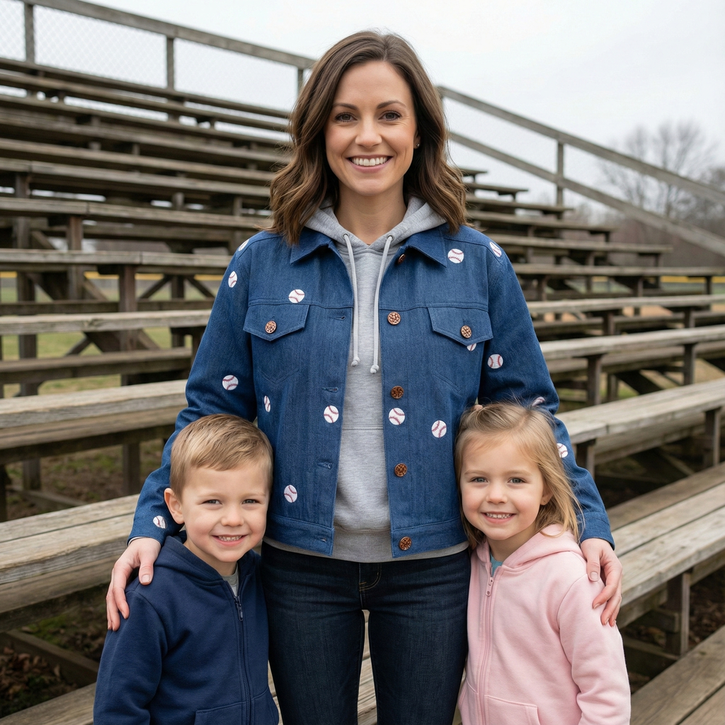 Woman wearing baseball denim jacket with two children standing in front of wooden bleachers