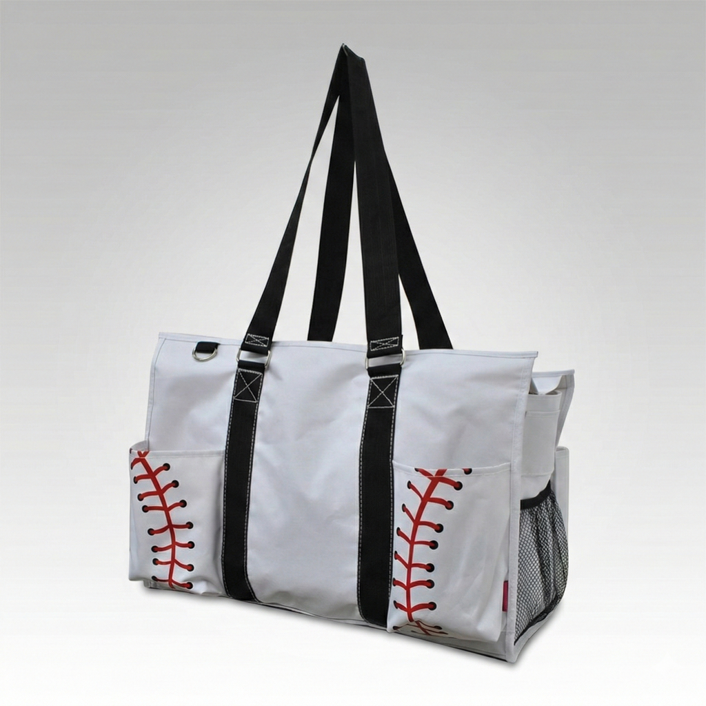 White baseball tote bag with black straps and red stitching on a light gray background