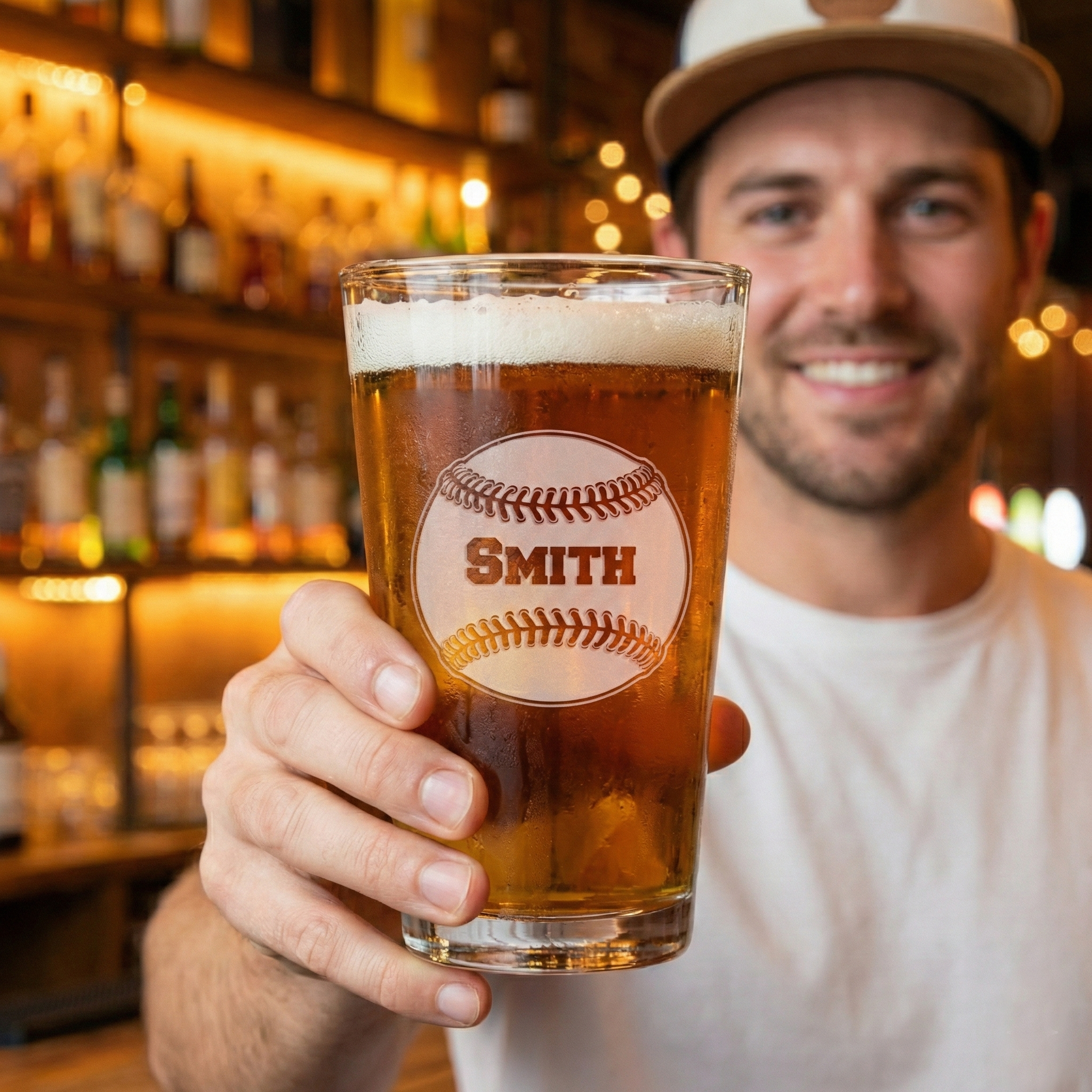 custom baseball mixing pint glass with cold beer held by a guy at a bar