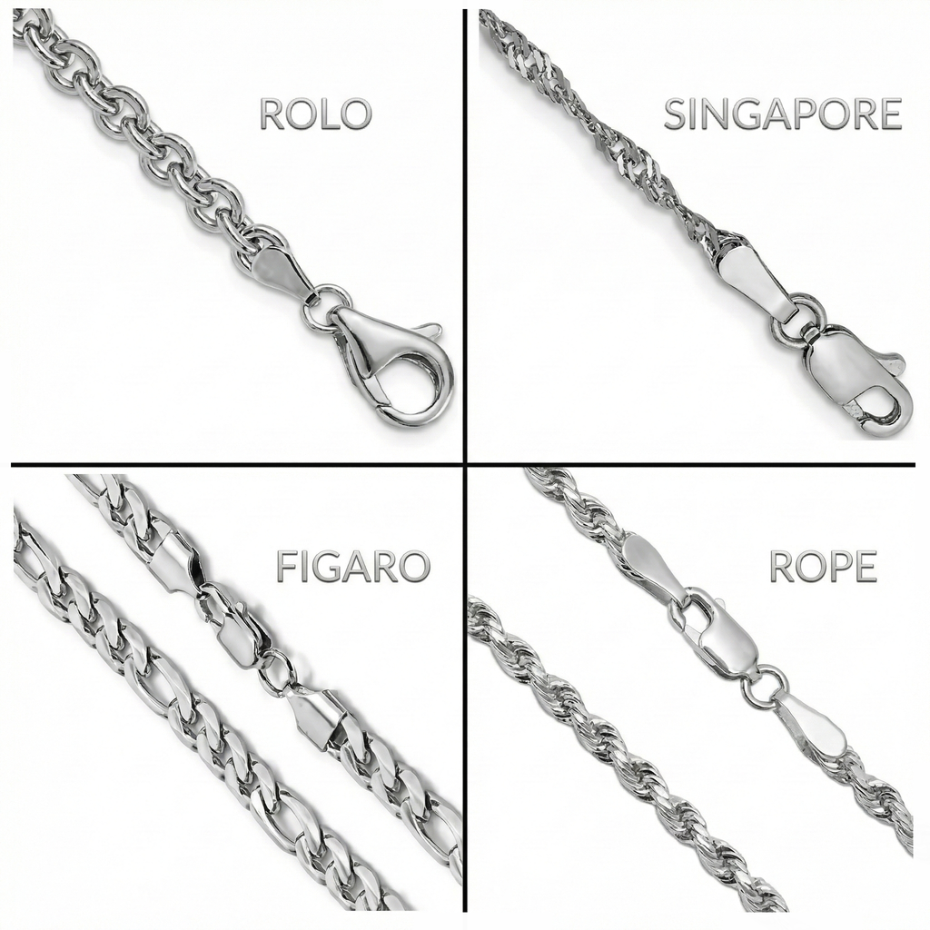 Four different chain designs labeled 'Rolo', 'Singapore', 'Figaro', and 'Rope' on a white background.
