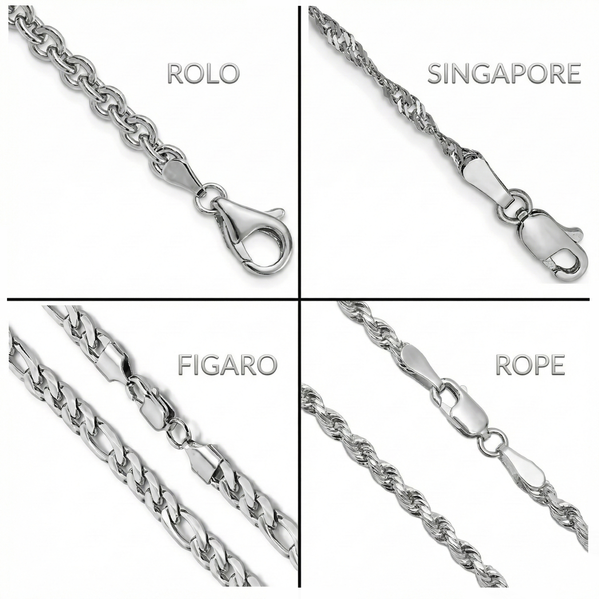 Four different chain designs labeled 'Rolo', 'Singapore', 'Figaro', and 'Rope' on a white background.