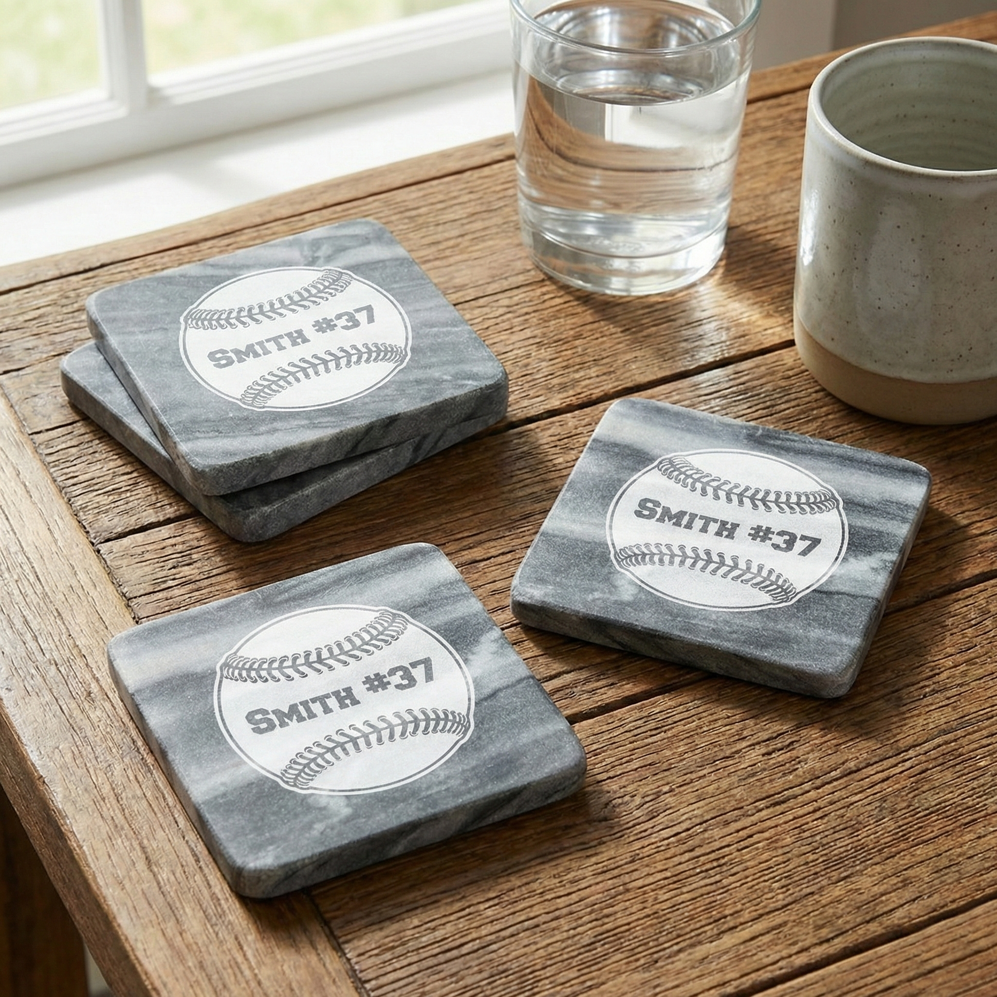 Set of elegant grey marble coasters with personalized engraving on a wooden table.