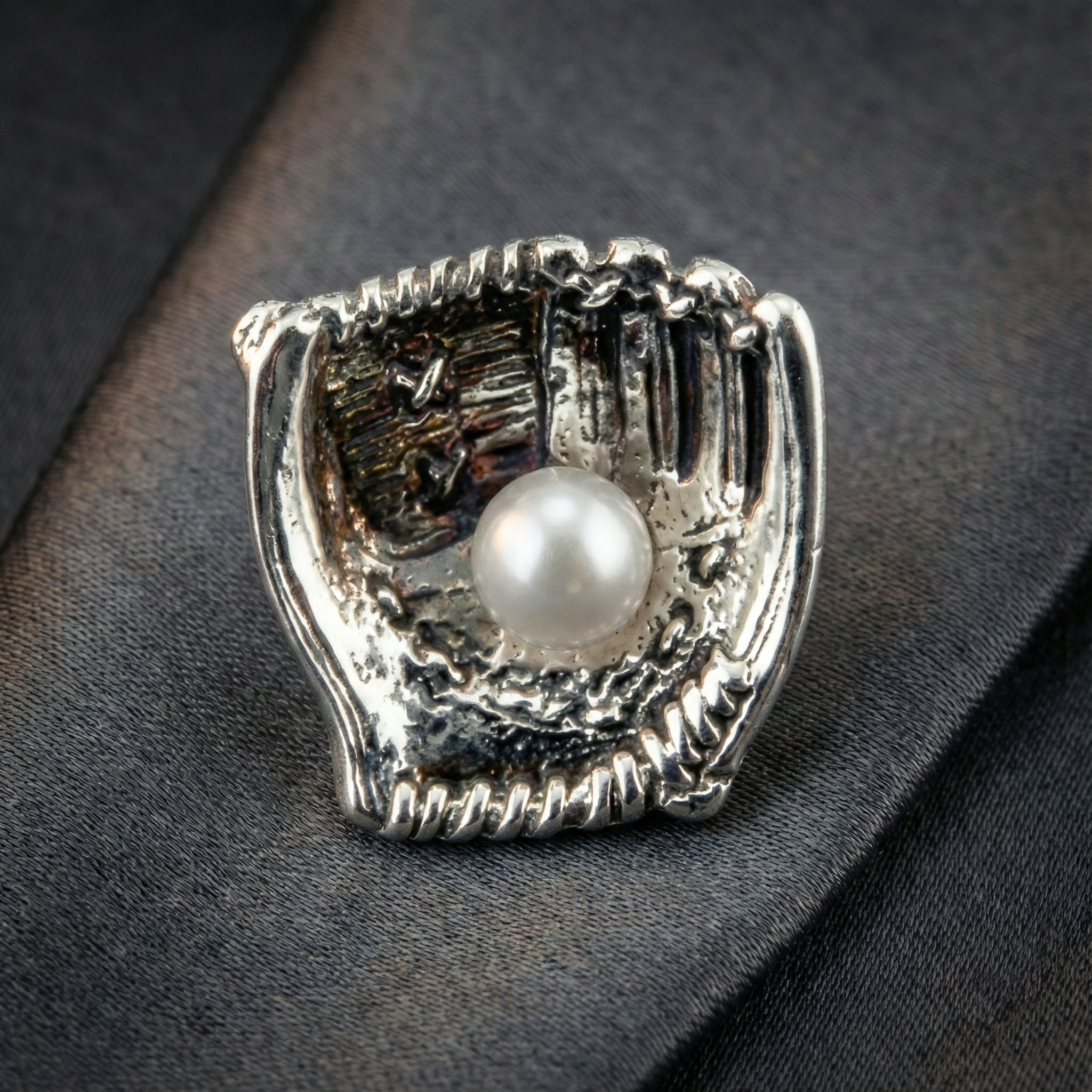 silver glove with pearl baseball tie tack