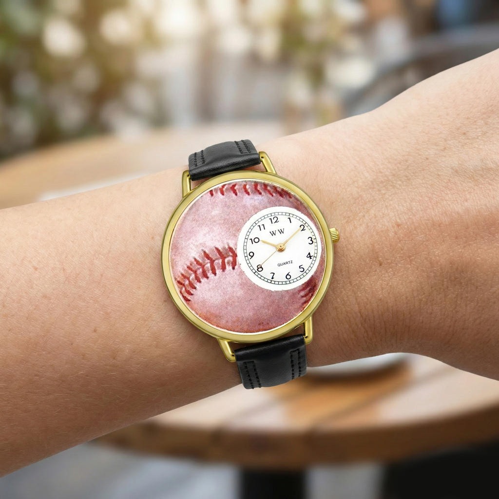 Wrist wearing a watch with a baseball design on the face, blurred background