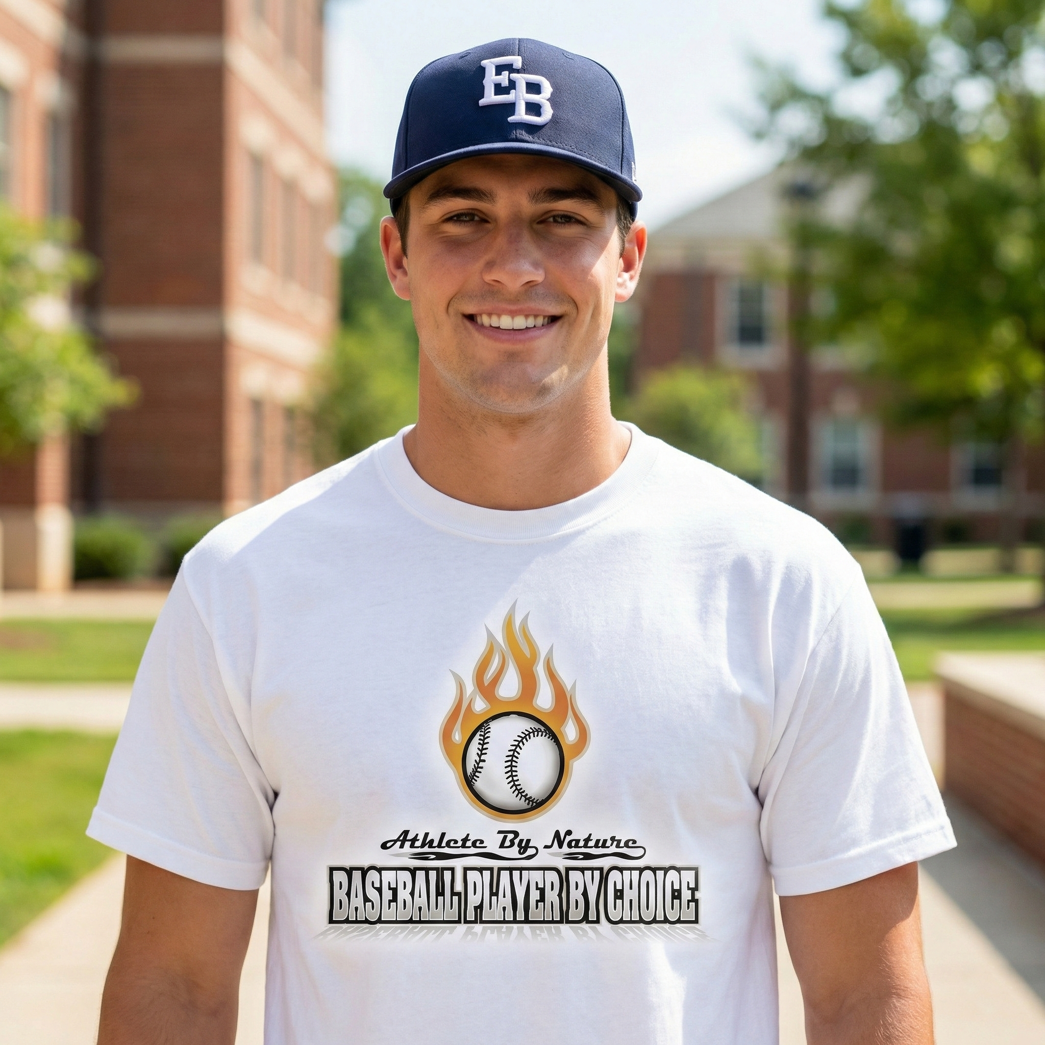 Man wearing a white t-shirt with a baseball design and text, standing outdoors.
