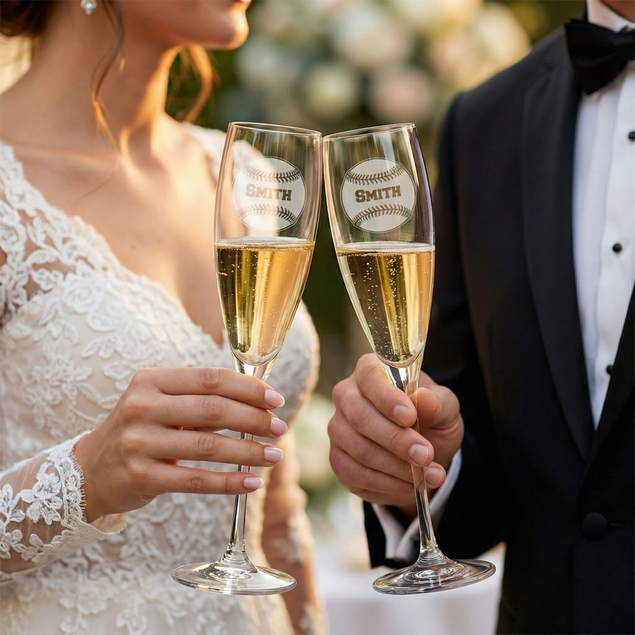 Couple holding baseball champagne toasting flute glasses with 'Smith' baseball engraving, blurred background