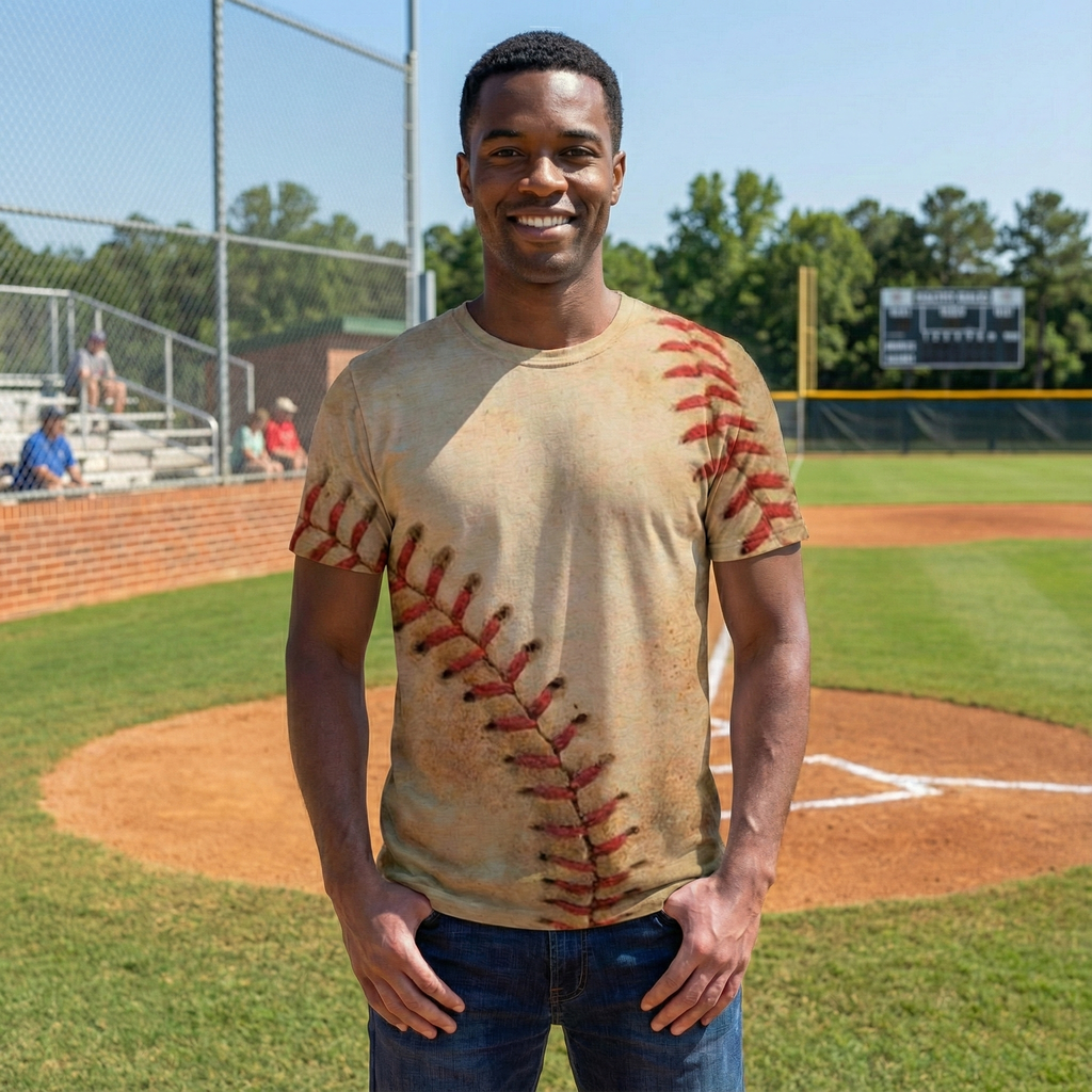 Man wearing a t-shirt with a baseball design on a baseball field