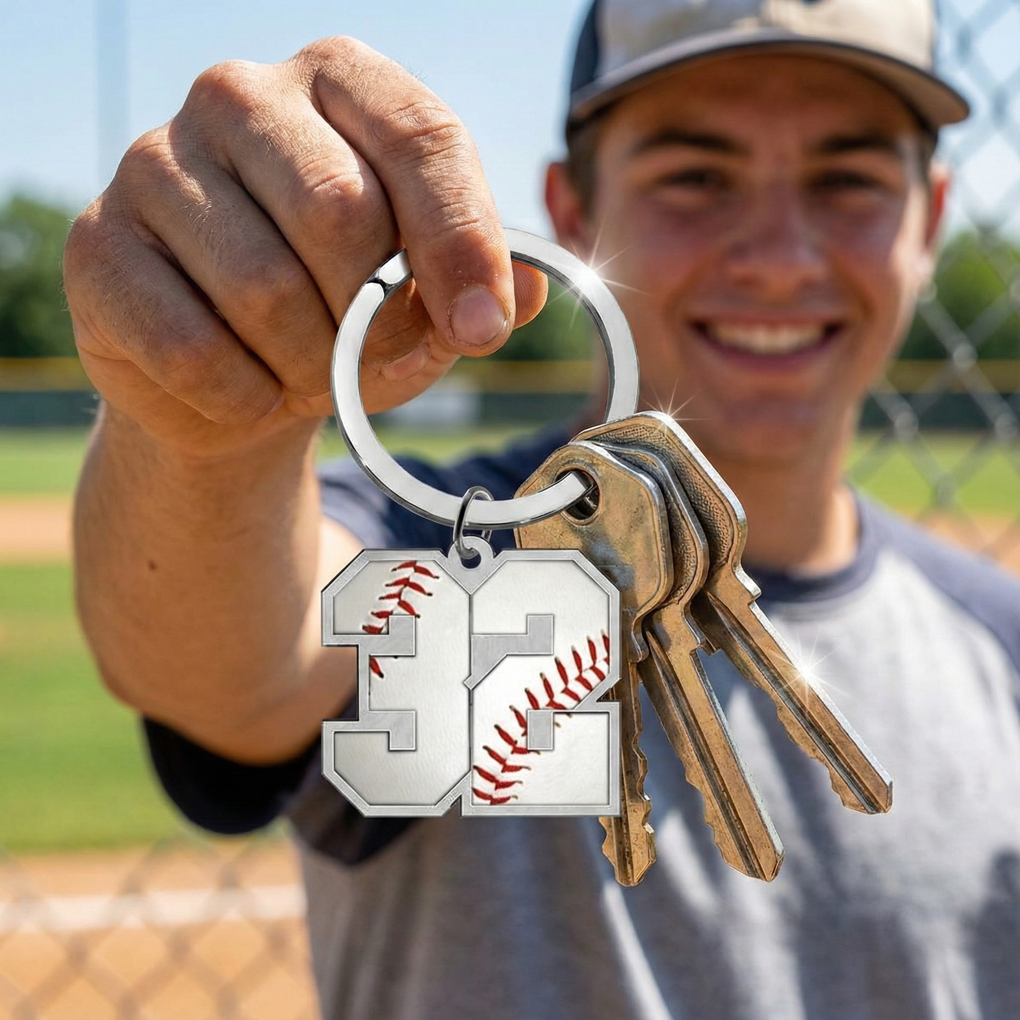 Person holding a keychain with number 32 and baseball design on a baseball field.