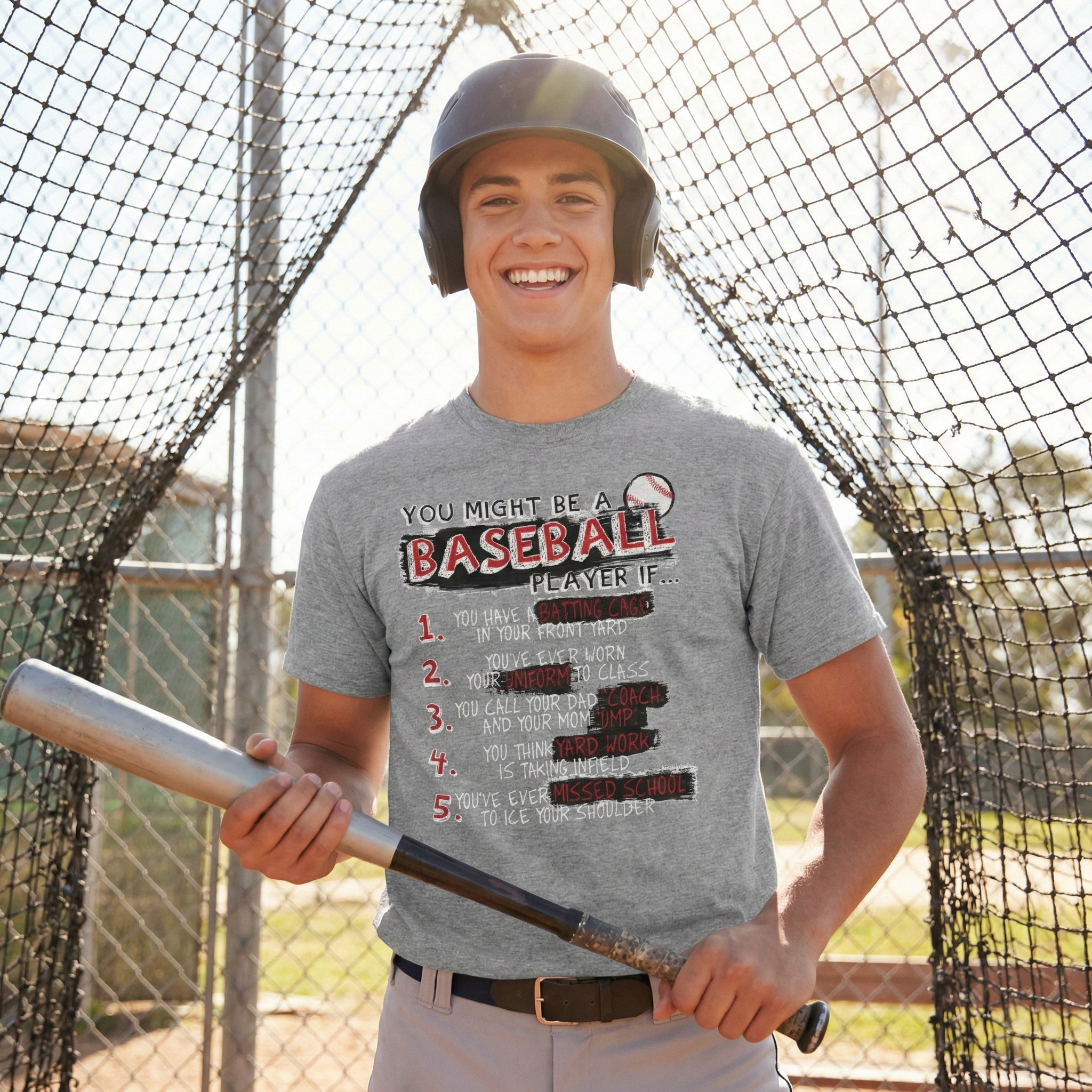 Person wearing a gray t-shirt with a baseball-themed design, holding a bat in a batting cage.