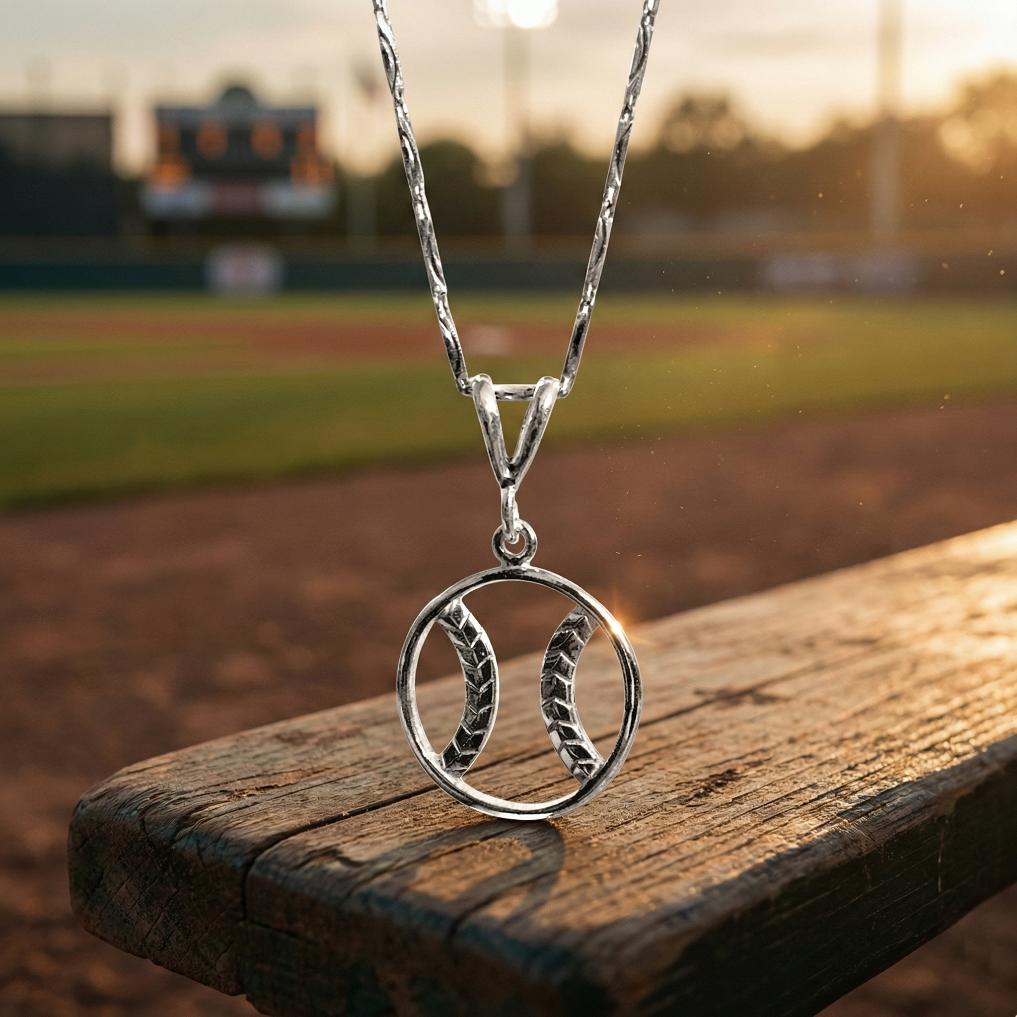 Sterling silver necklace with a baseball pendant on a wooden bench at a baseball field during sunset.