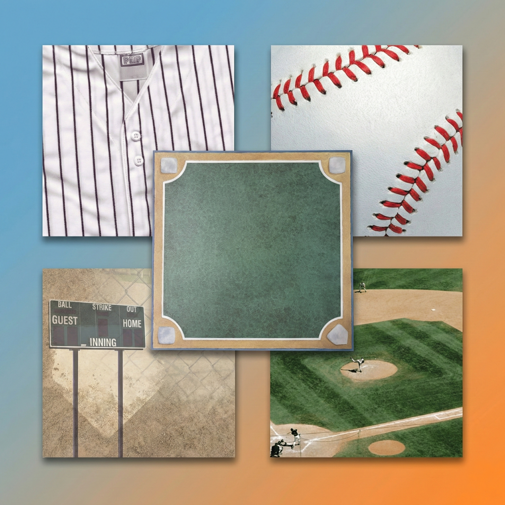 Collection of baseball-themed 12x12 scrapbook pages items including a jersey, ball, field, and scoreboard on a gradient background.