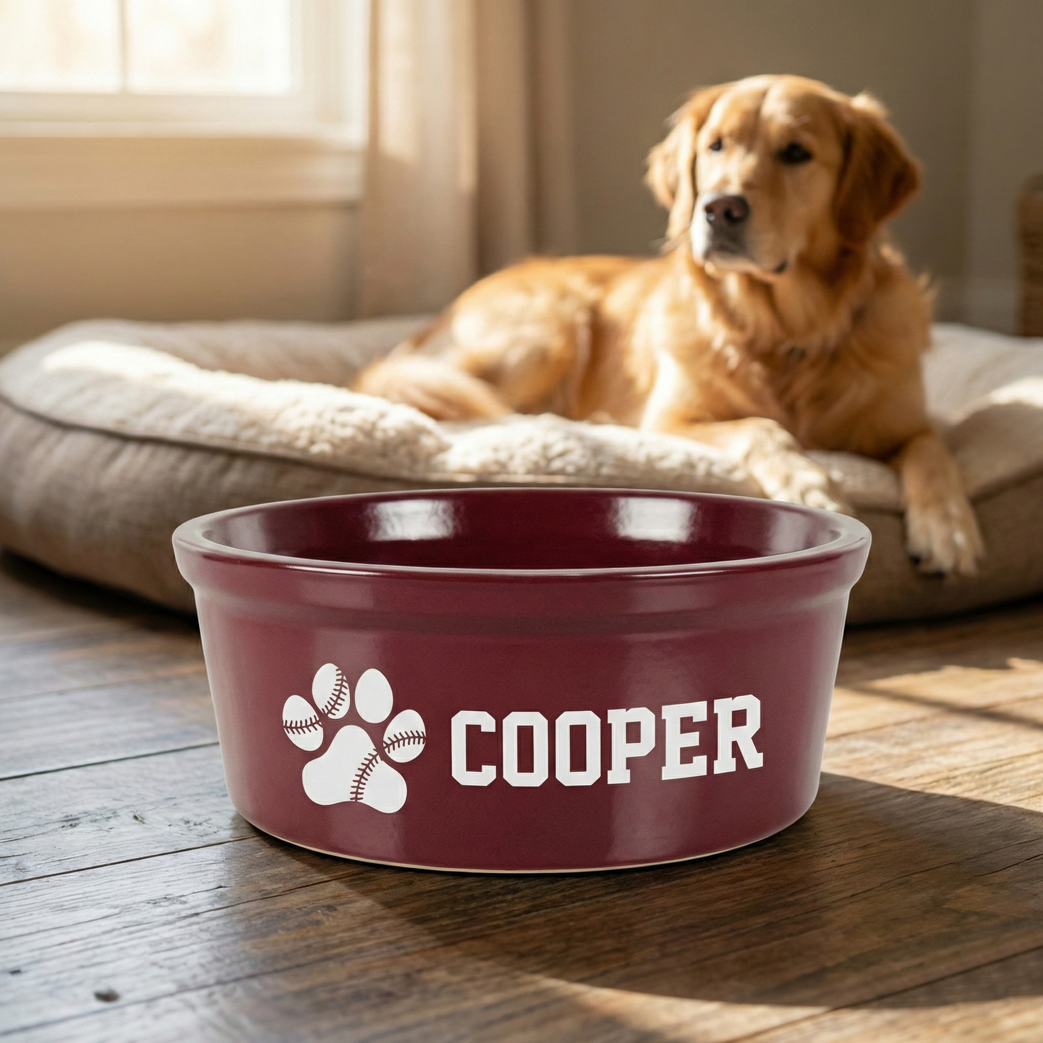 Ceramic baseball dog bowl with 'Cooper' engraved on it, sitting on a wooden floor with a dog in the background.