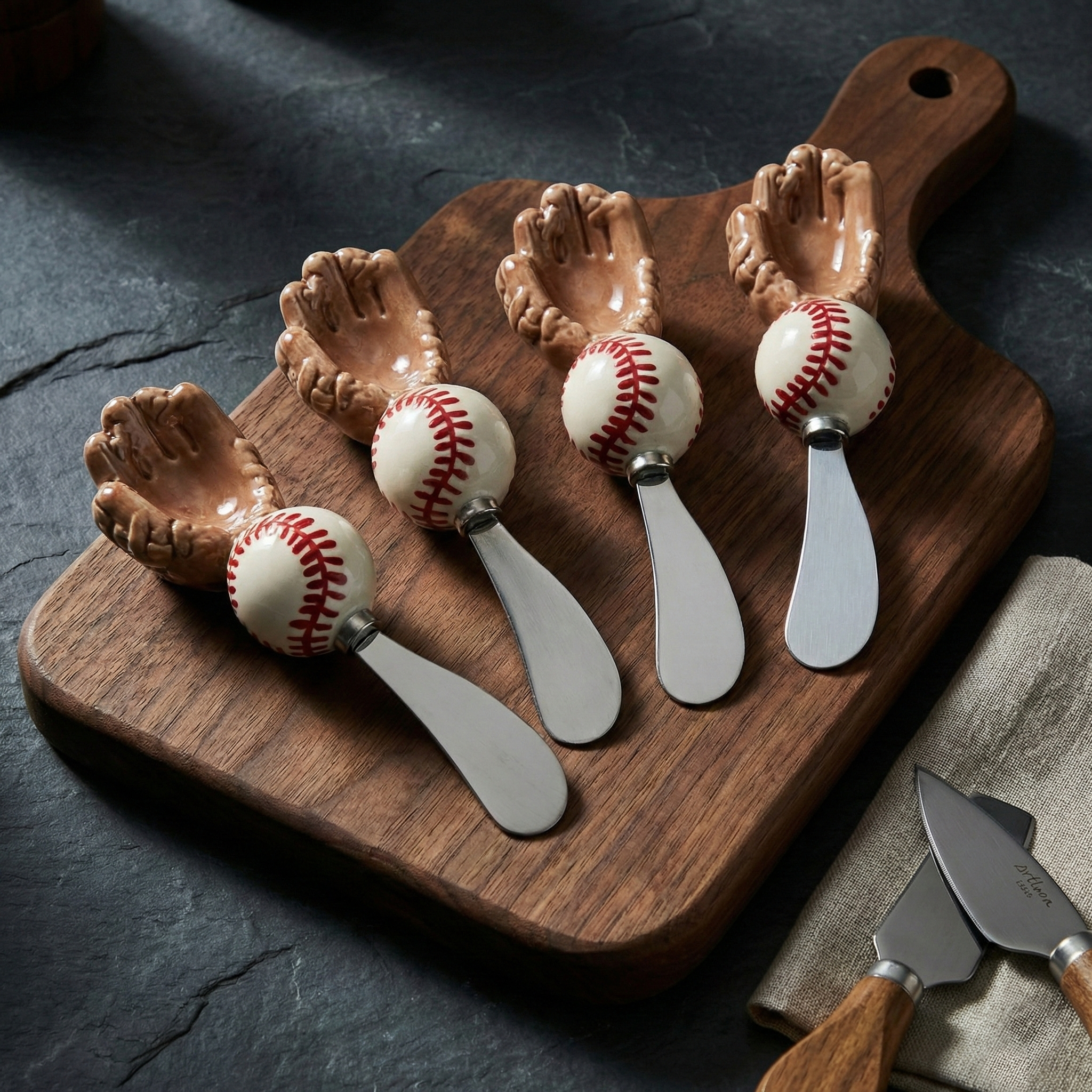 Ceramic Baseball Spreader Set on a wooden serving board.
