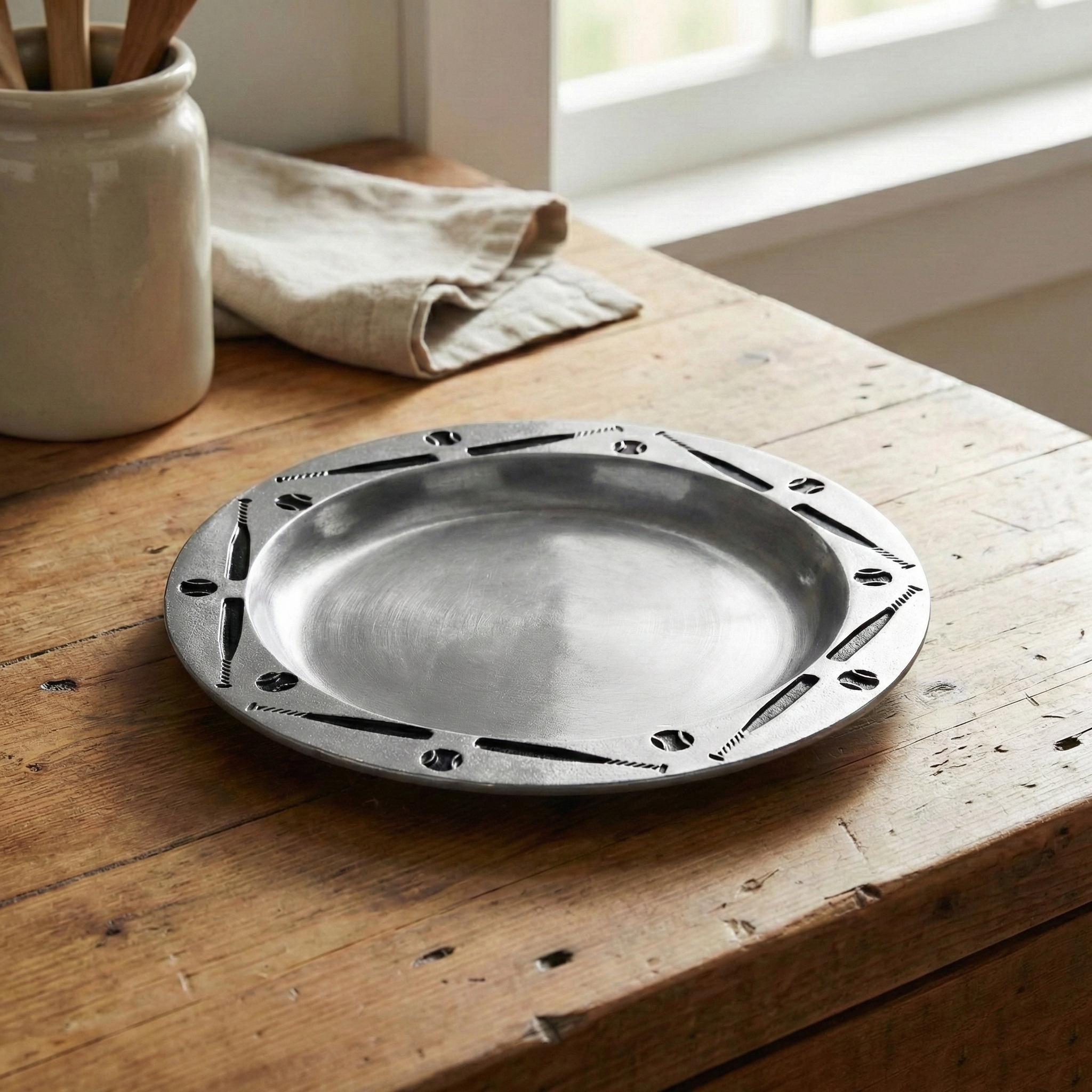 Baseball pewter plate on a wooden surface with a jar and cloth in the background.