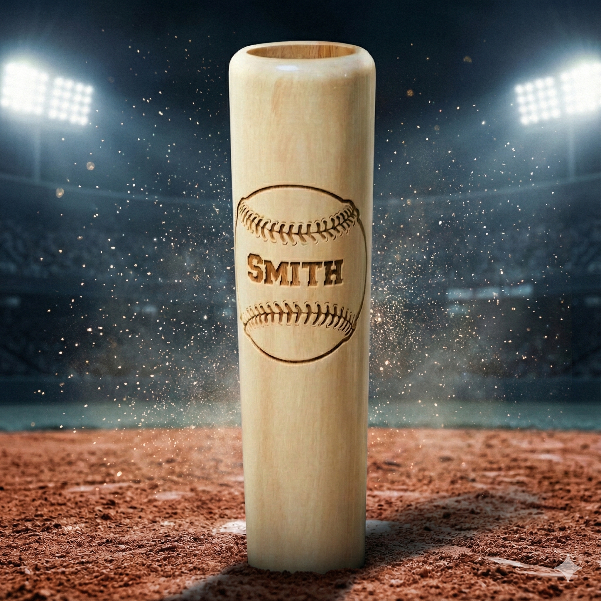 Personalized Baseball Bat Barrel Mug  with 'SMITH' engraving on a baseball field background
