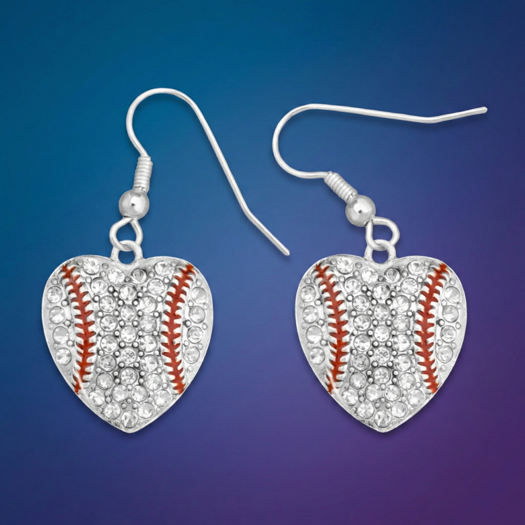 Heart-shaped earrings with baseball design on a blue gradient background