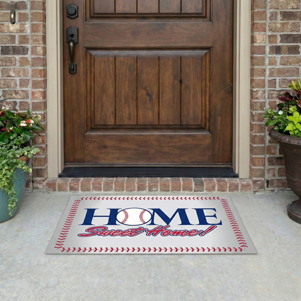 Front door with a 'Home Sweet Home' doormat featuring a baseball design.
