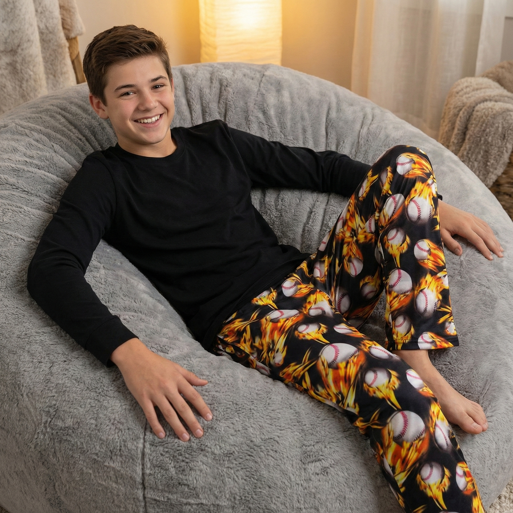 Person wearing black long-sleeve top and colorful baseball-themed pants sitting on a gray bean bag chair.