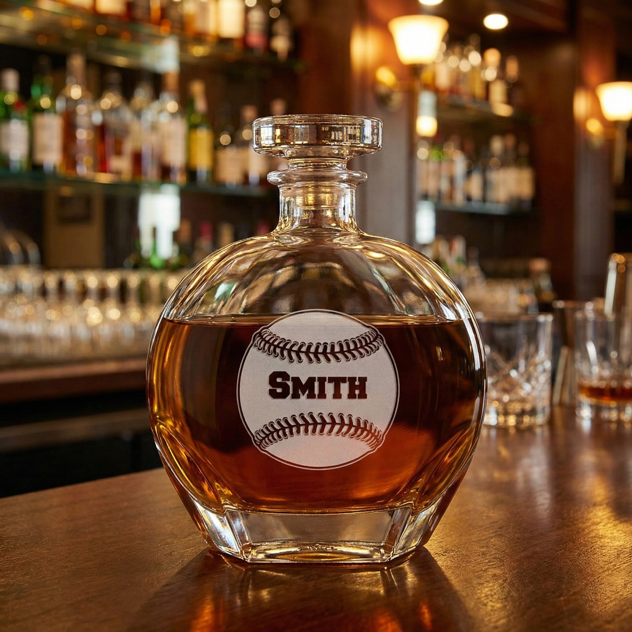 Glass decanter with a 'Smith' engraved baseball on a bar counter with shelves of bottles in the background