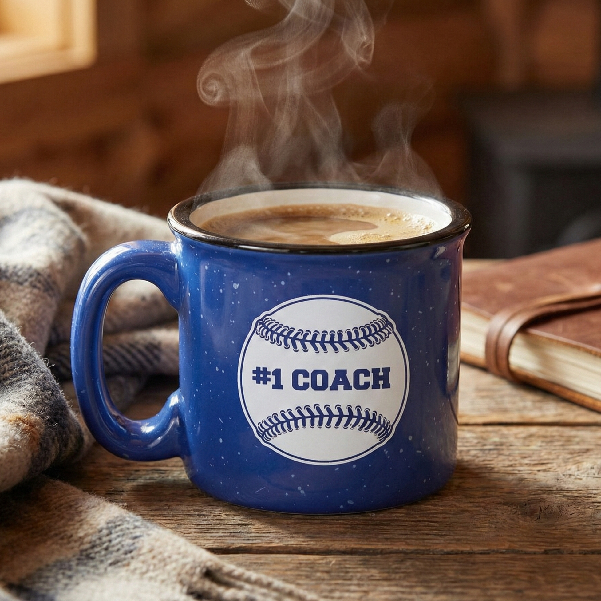 Blue campfire baseball coffee mug with '#1 Coach' label steaming on a wooden surface