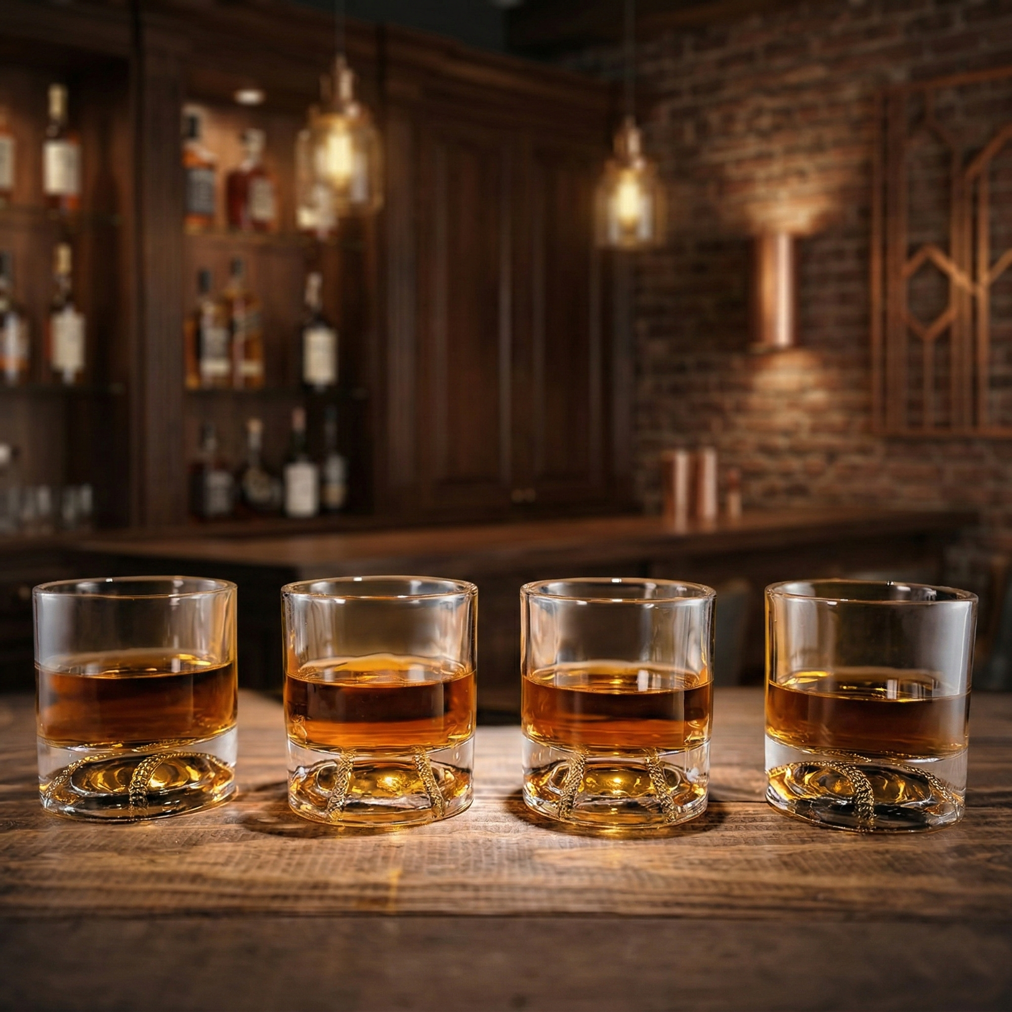 Four baseball glasses of whiskey on a bar with a warm ambiance