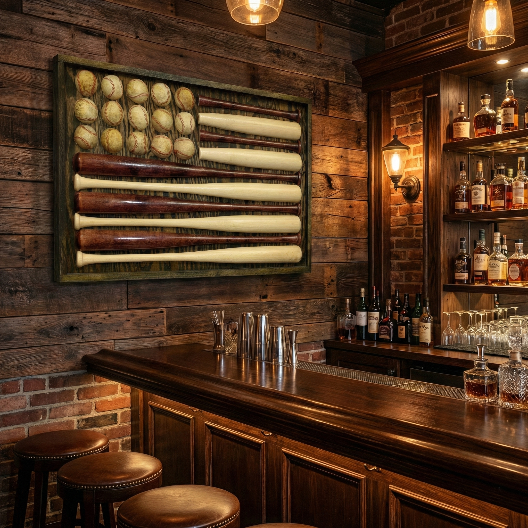 Vintage American Flag Wall Art Made with Baseballs and Bats in a bar
