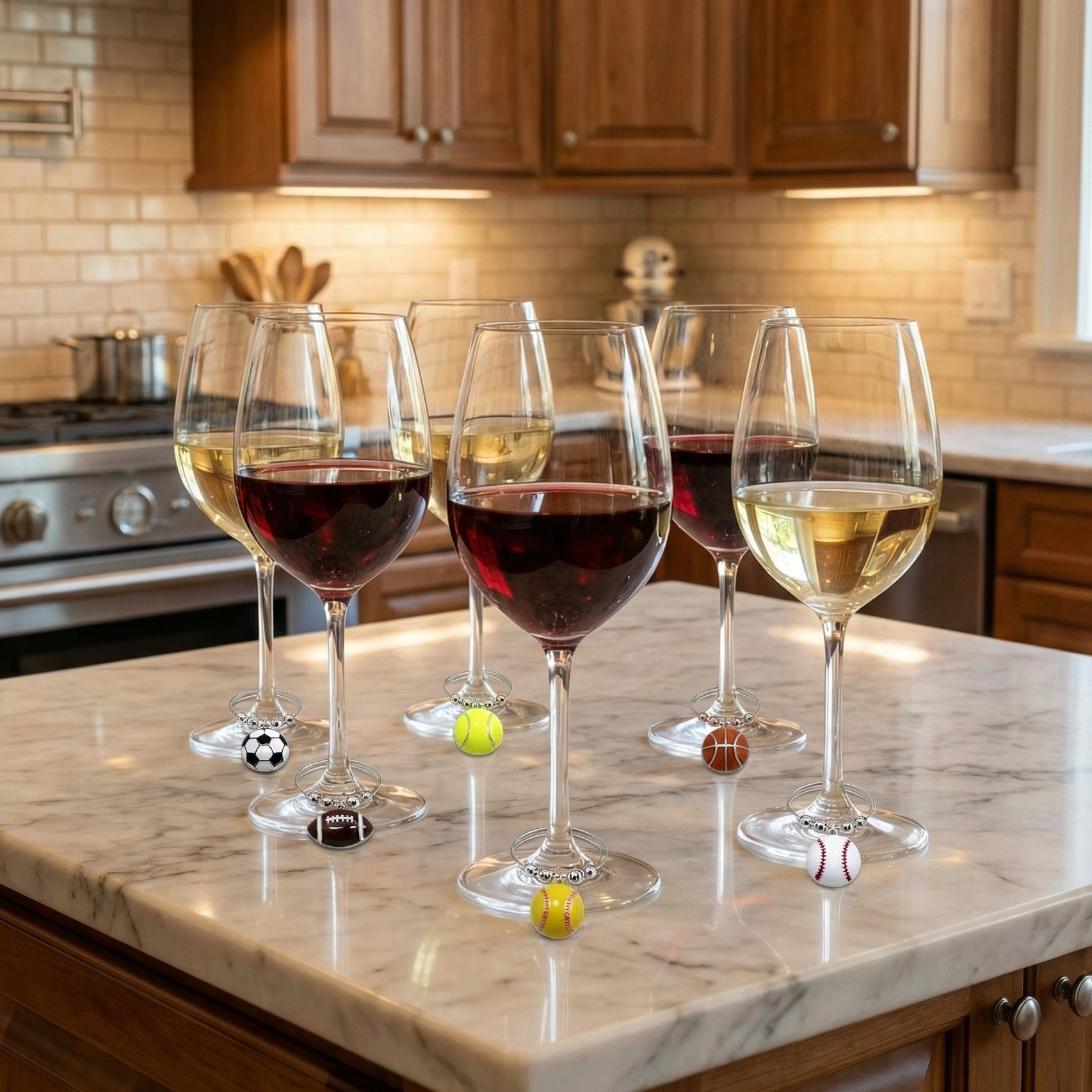 Set of wine glasses with different sports marker charms on a kitchen counter
