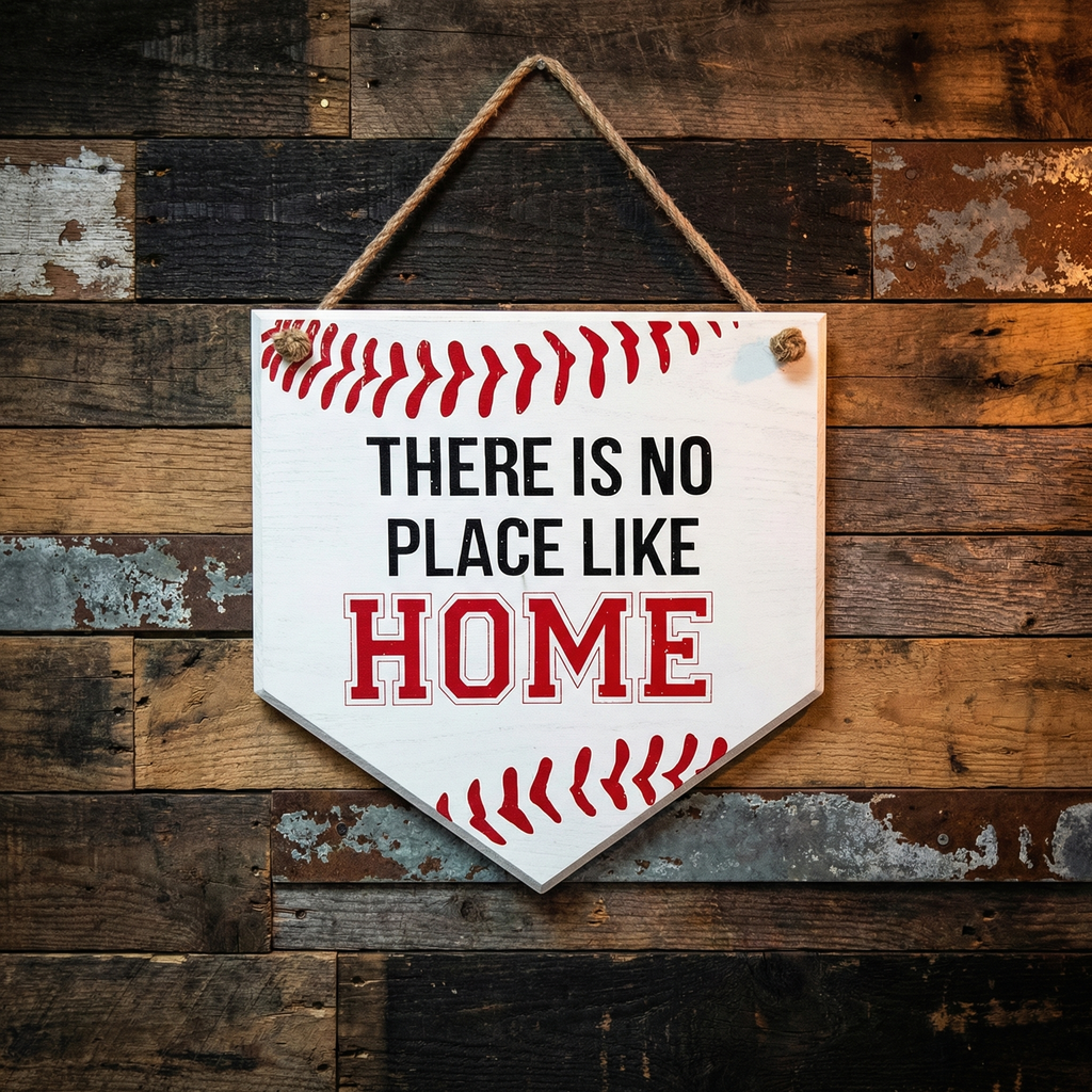 There Is No Place Like Home Baseball Home Plate Wood Sign on a rustic wooden background