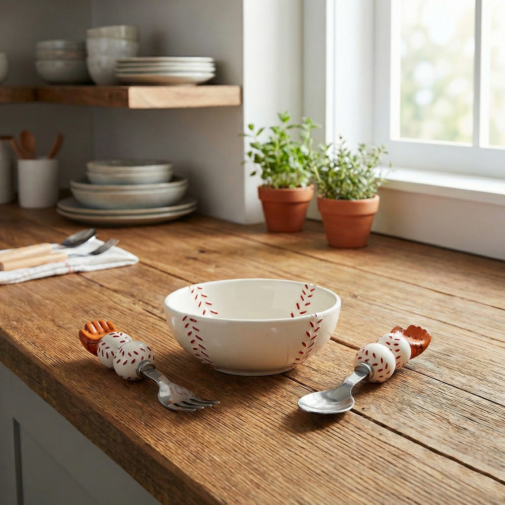 Ceramic Baseball Feeding Set on a wooden kitchen counter.
