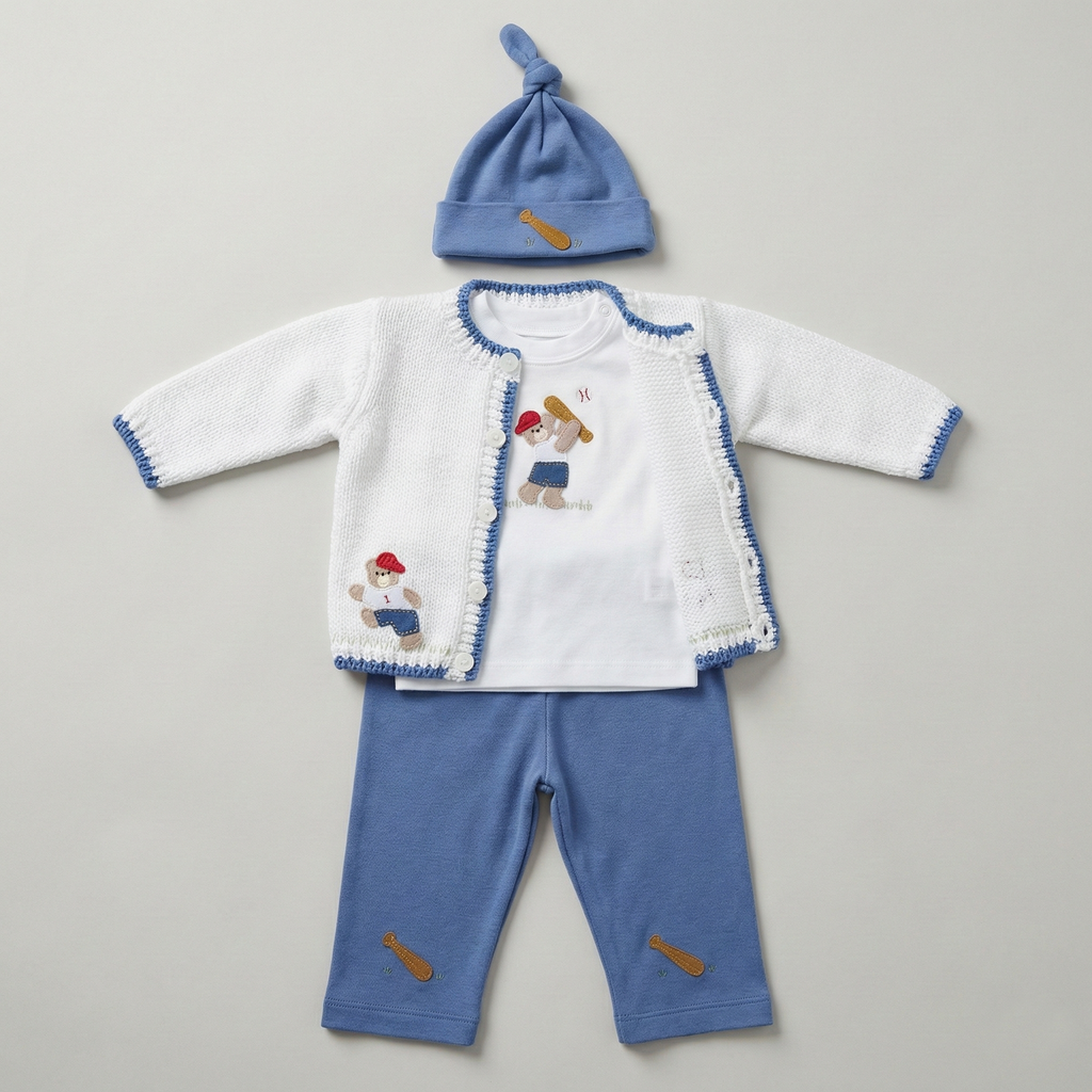 Baby outfit set with white shirt, blue pants, and hat on a gray background