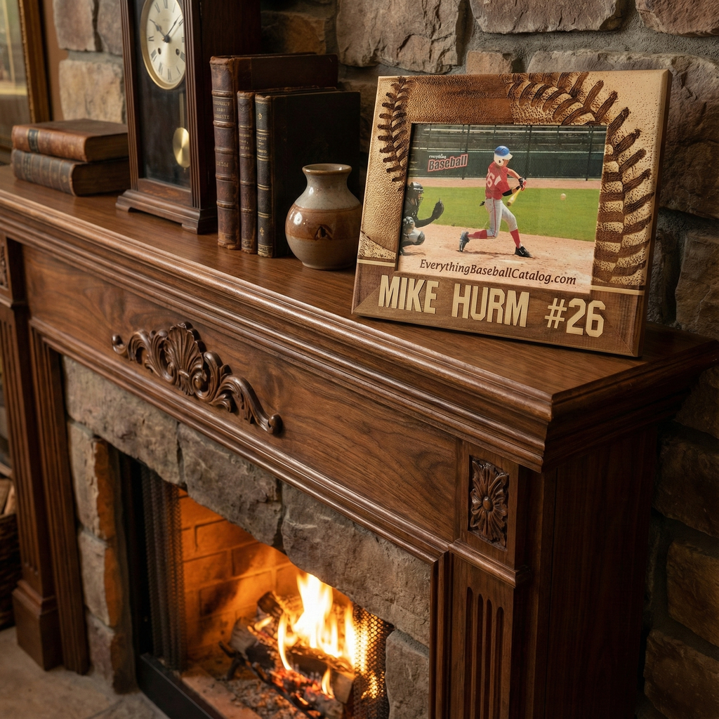 Wooden baseball name and number picture frame with a baseball player on a mantelpiece next to a fireplace.